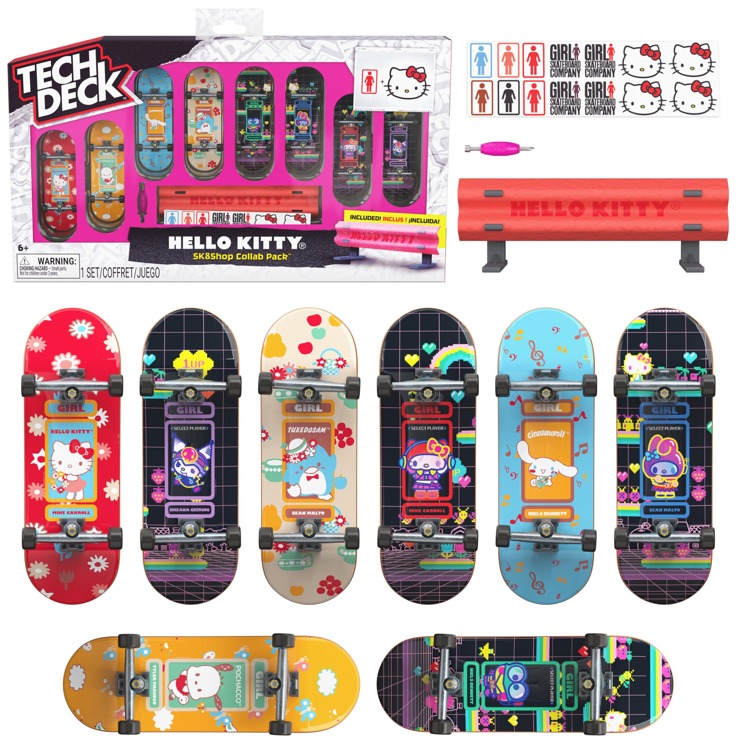 Spin Master TECH DECK, Girl Skateboards Hello Kitty SK8Shop Collab Pack with Guard Rail, Collectible and Customizable Mini Skateboards, Kids Toys for Ages 6 and up