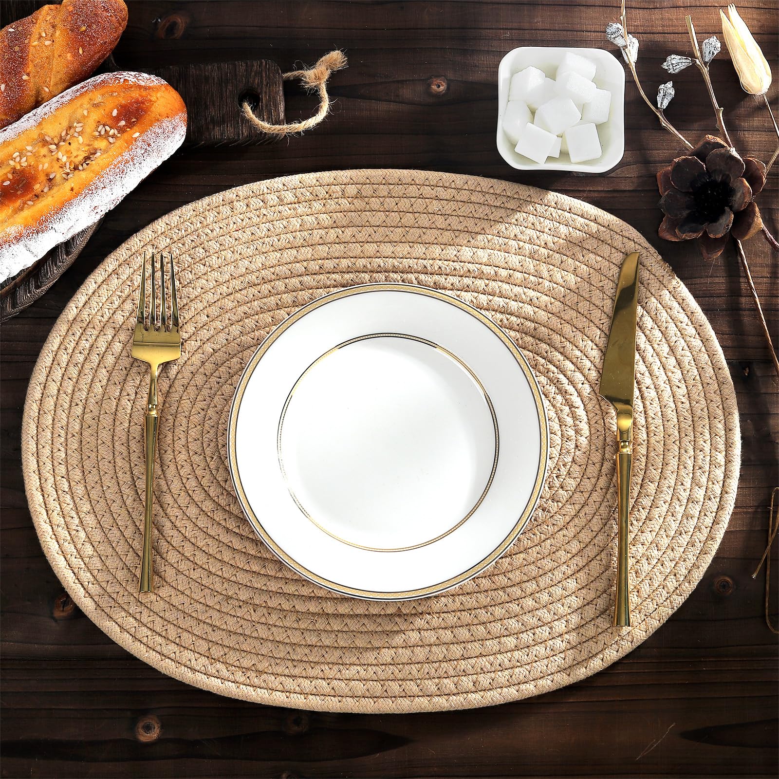 fanquare Oval Woven Placemats Set of 6 Light Brown Cotton Rope Braided Placemats Heat Resistant Washable Non-Slip Table Mats for Kitchen Dining Table Home Decoration 30 * 40cm - Image 3