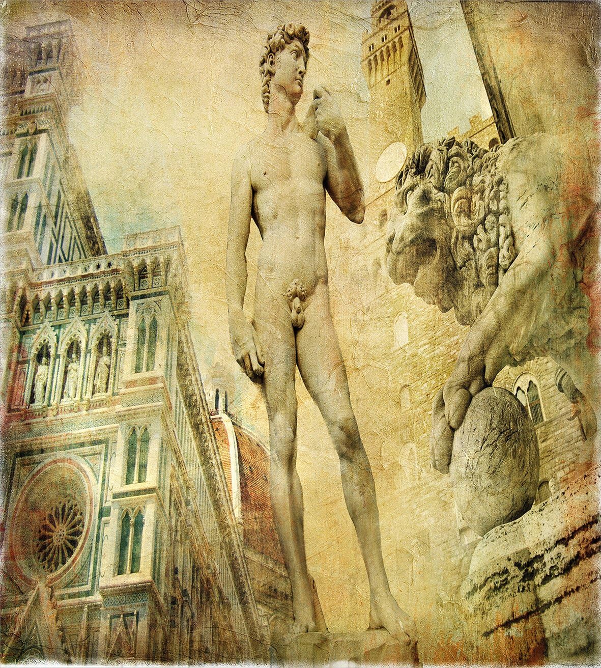 Ambesonne Italy Duvet Cover Set, Florence Art Collage Michelangelo David Renaissance, Decorative 3 Piece Bedding Set with 2 Pillow Shams, Queen Size, Pale Orange Mint Green