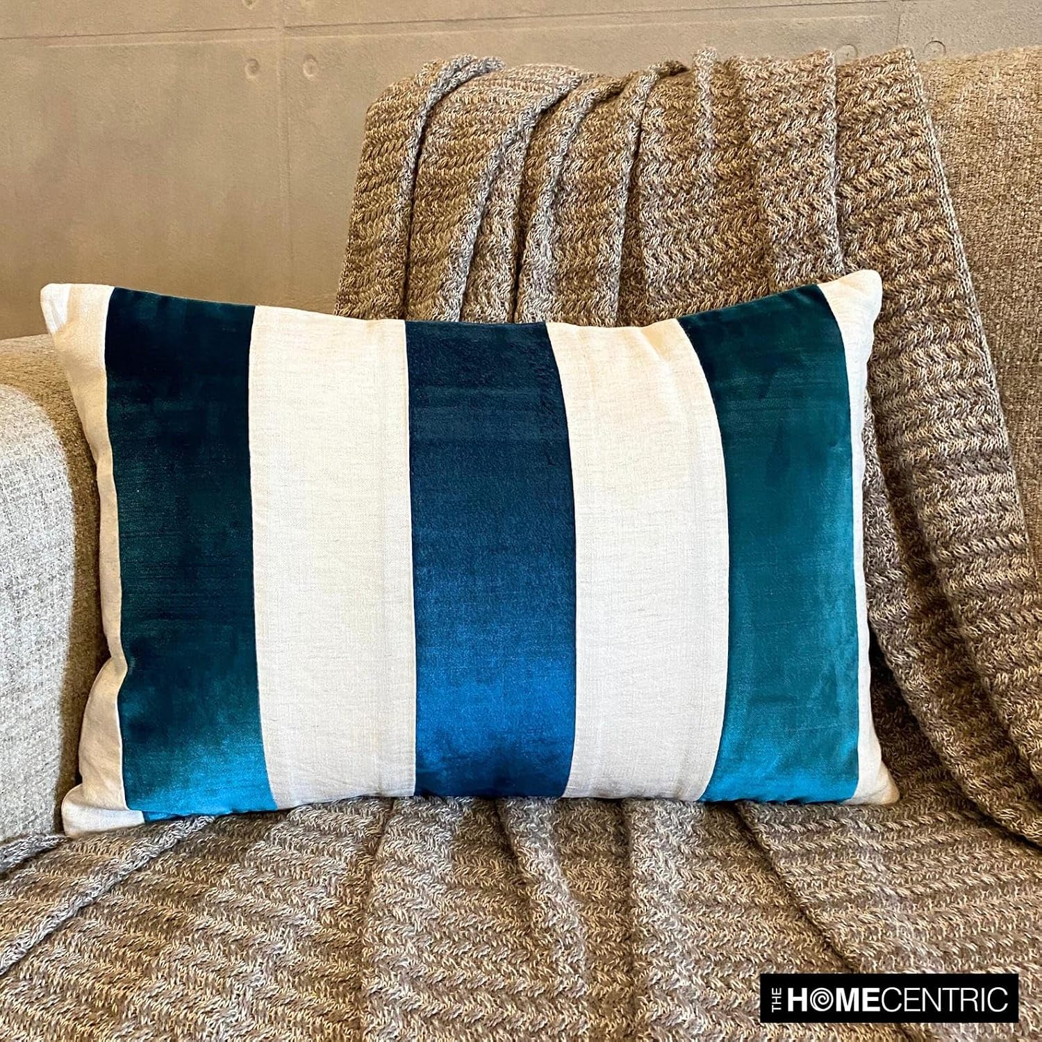 The HomeCentric Halloween Decorative Lumbar Pillow Cover Blue 12"x16" Fall Oblong Pillow Covers, Velvet & Linen Patchwork Oblong Pillow, Striped Pattern Modern - Swathe Teal