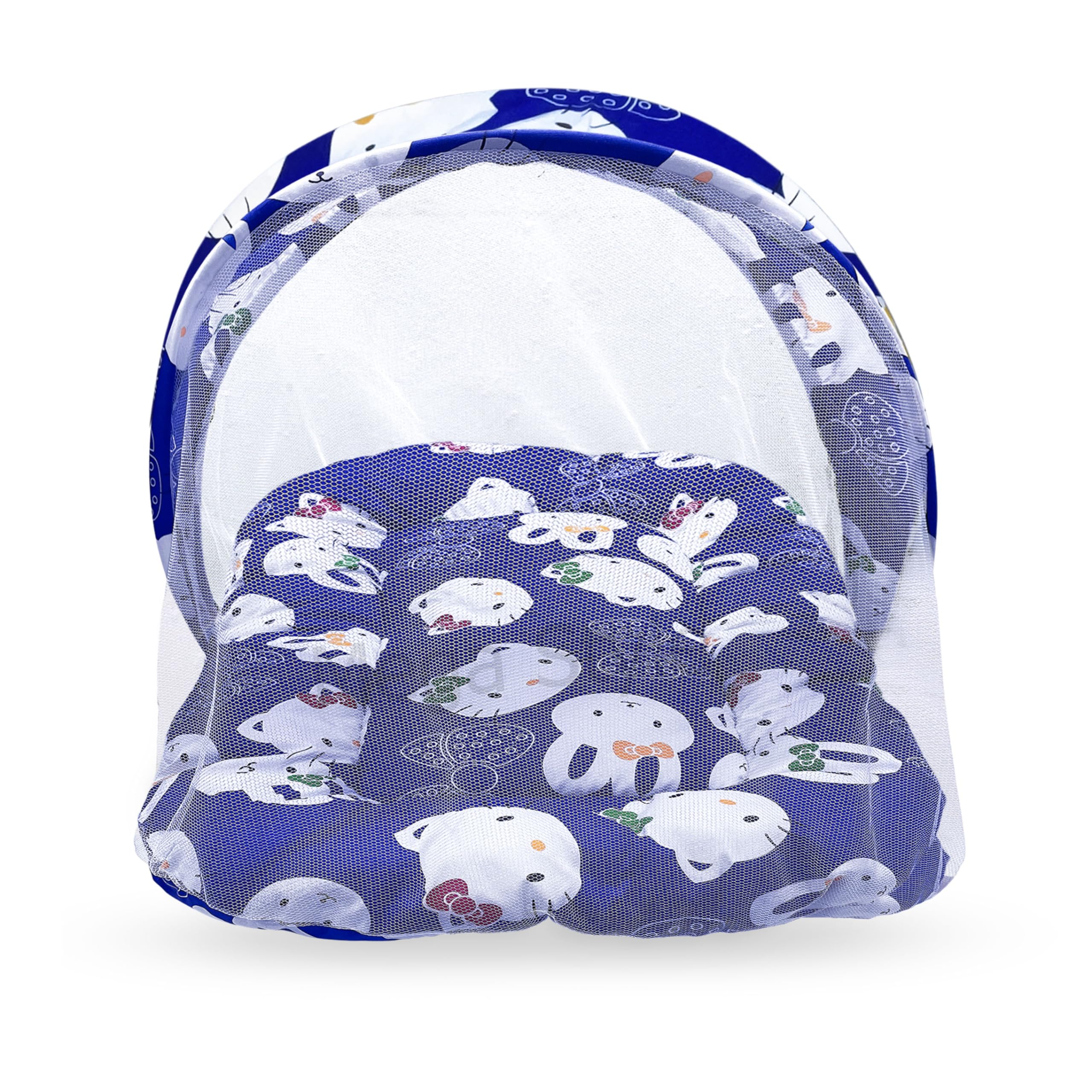 MEGA STYLE Baby Bed with Thick Mattress, Mosquito Net with Zip Closure & Neck Pillow, Baby Bedding for New Born, 0M+, Kitty Print, Baby Sleeping Bed of 56x95cm Size Large BEDDING-01-DBLU_L