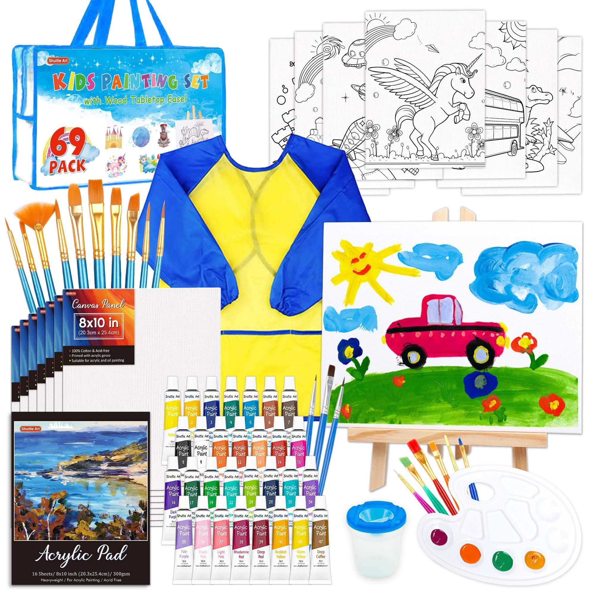 Shuttle Art Paquete de 69 juegos de pintura para niños, juego de arte niños con pintura acrílica de 30 colores, caballete de madera, lienzos, almohadilla de pintura, pinceles, paleta