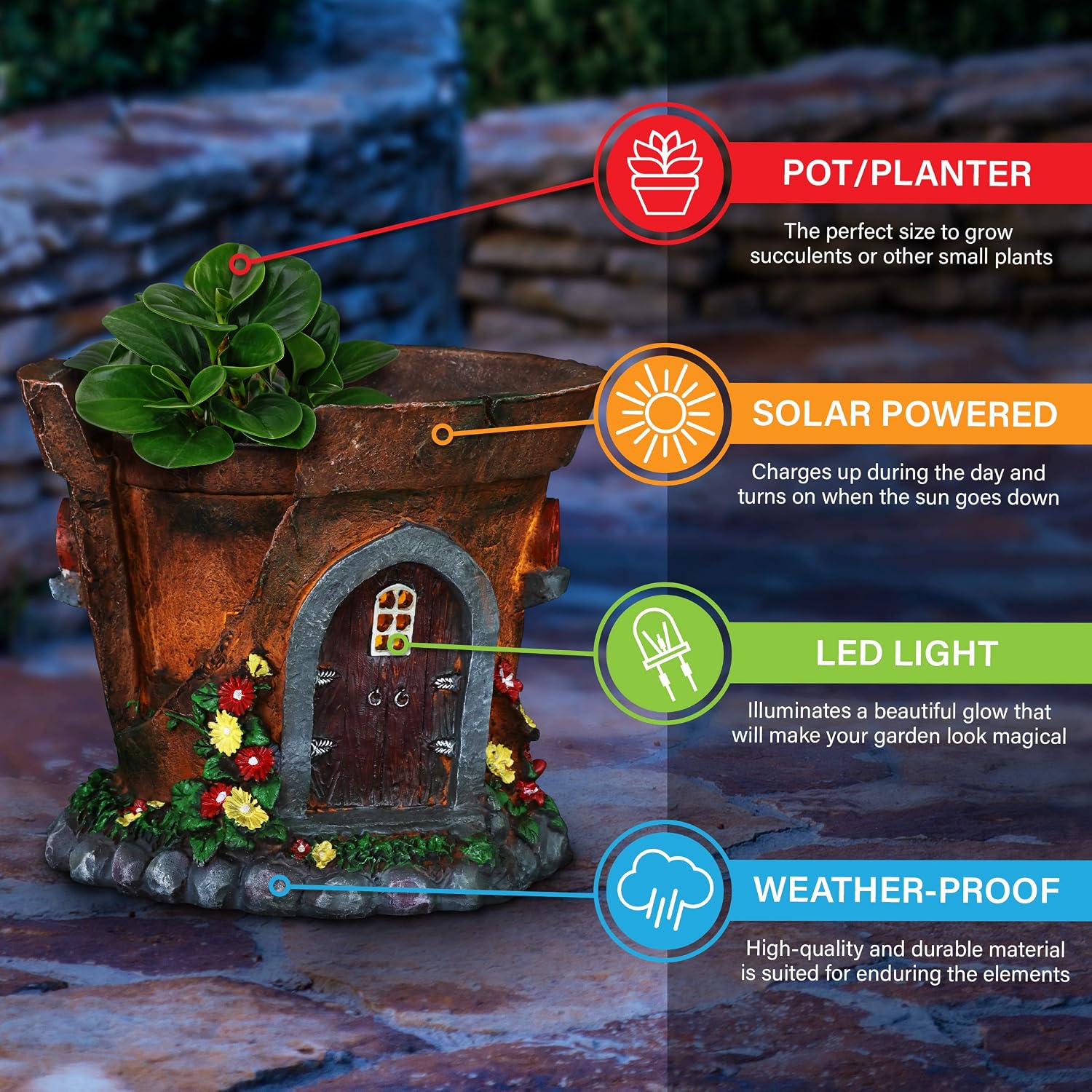 Exhart Solar LED Pot/Planter, Hand-Painted Durable Resin, Outdoor Fairy Garden Décor, 9"x8"