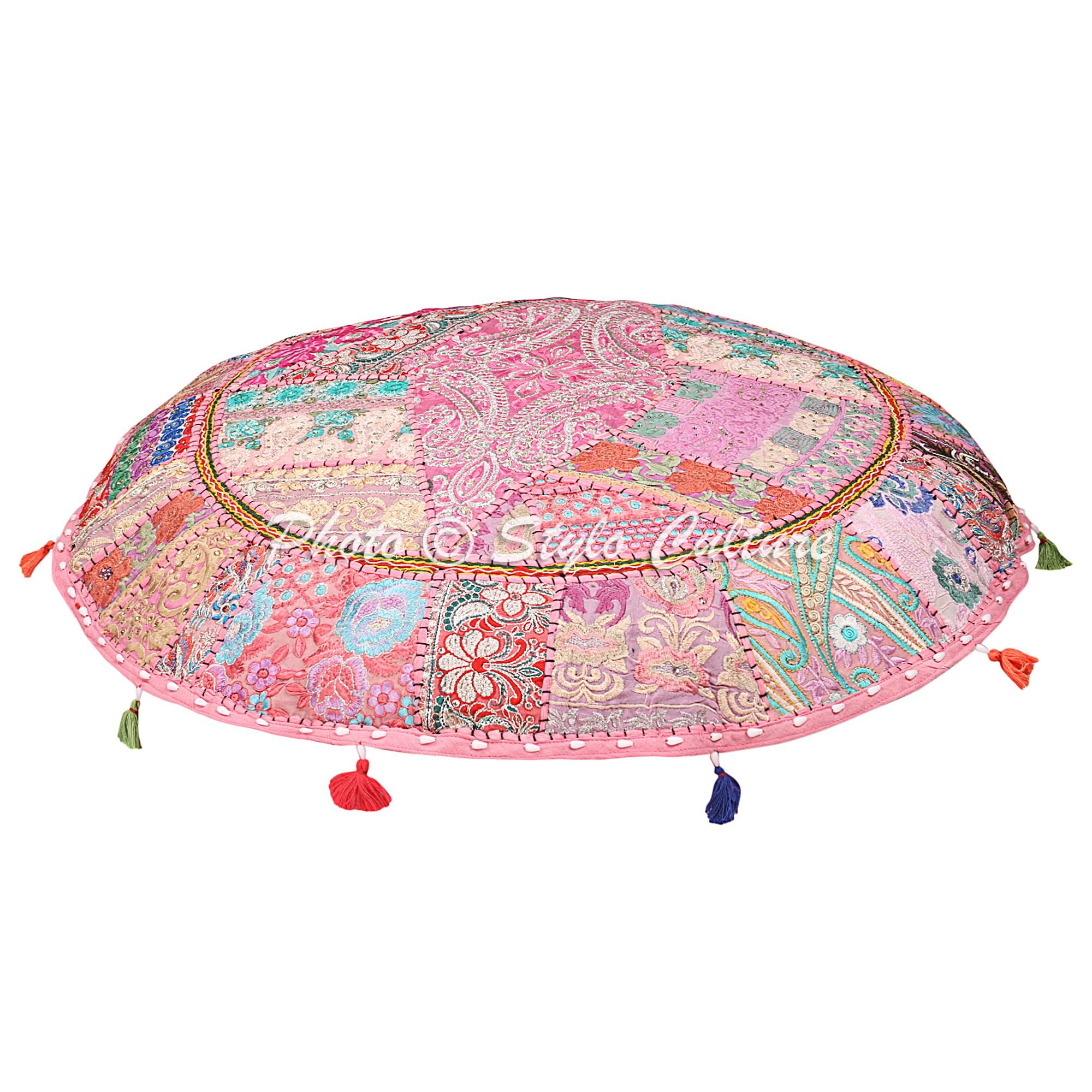 Stylo Culture Bodenkissenbezug Boho 100x100 cm Indisch Dekorativ Rund Groß Sitzpolster Kissen Vintage Baby Pink Bohemien Patchwork Wohnzimmer Baumwolle Bestickt Bodenkissen Sitzkissen Küche, Haushalt & Wohnen