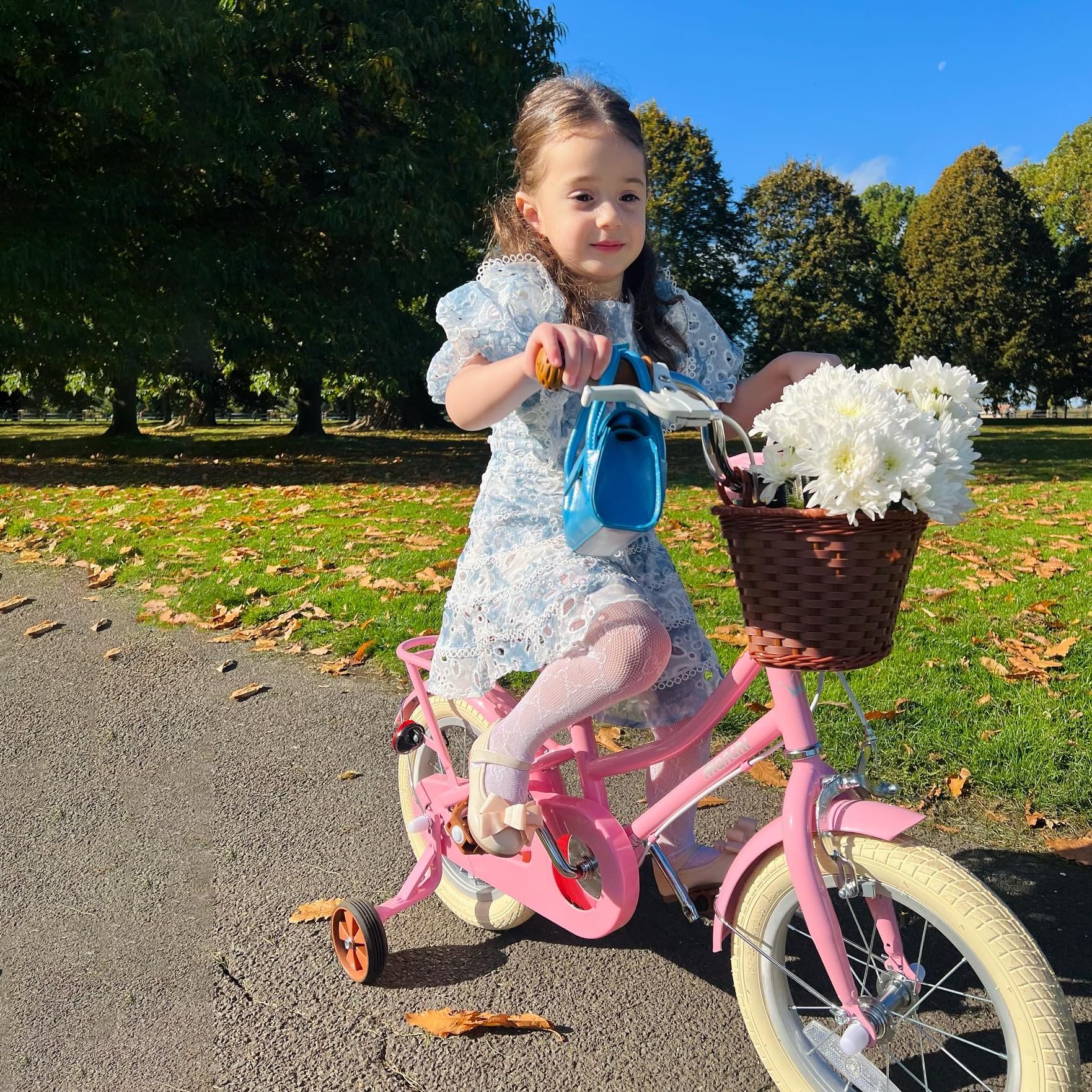 Bicicletta per bambini 12-18 pollici con cestino e ruote stabilizzatrici verde e rosa