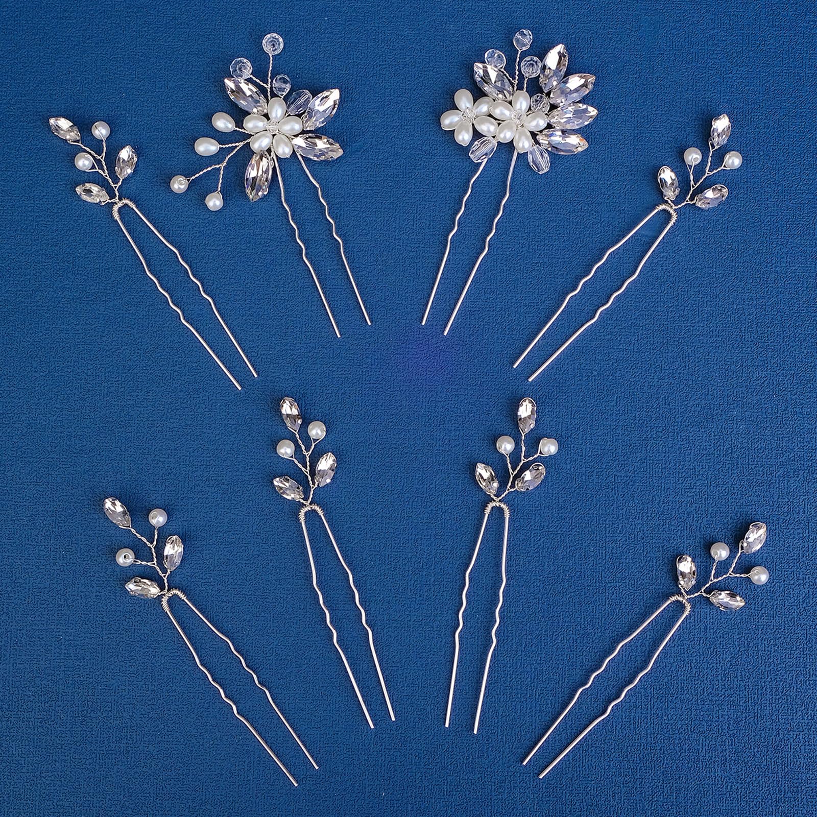 8 forcine per capelli da sposa, argentate, con strass, accessori per capelli per spose, damigelle d'onore, donne e ragazze
