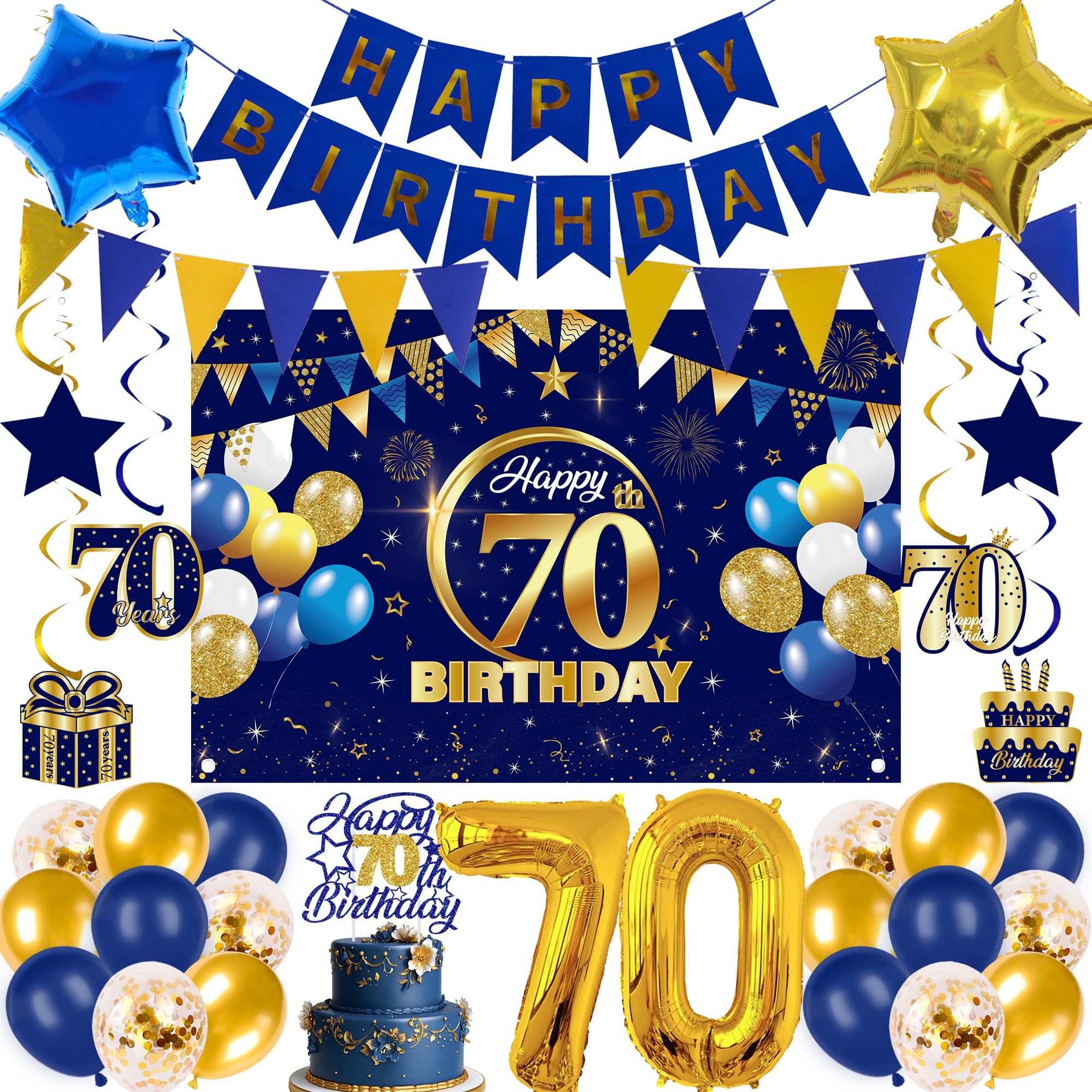70th Birthday Decorations Balloons Banner - 33 PC Blue Gold Balloon Set