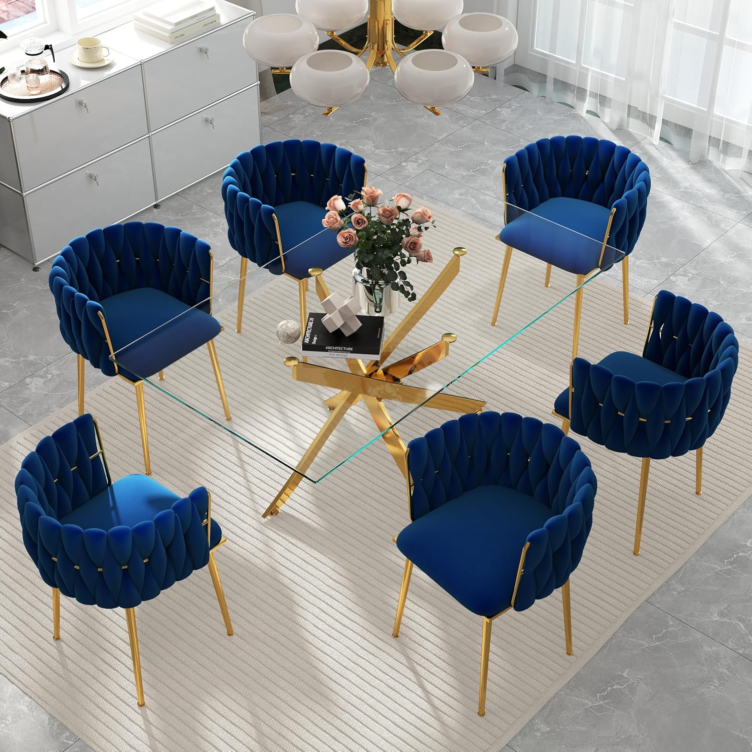 Golden Glass Dining Table Set for 6, 7 PCS Clear Minimalist Glass Top Dinner Table Set, 63'' Modern Luxury Rectangular Kitchen Table Set with Navy Blue Woven Chair, for Home Large Living Room