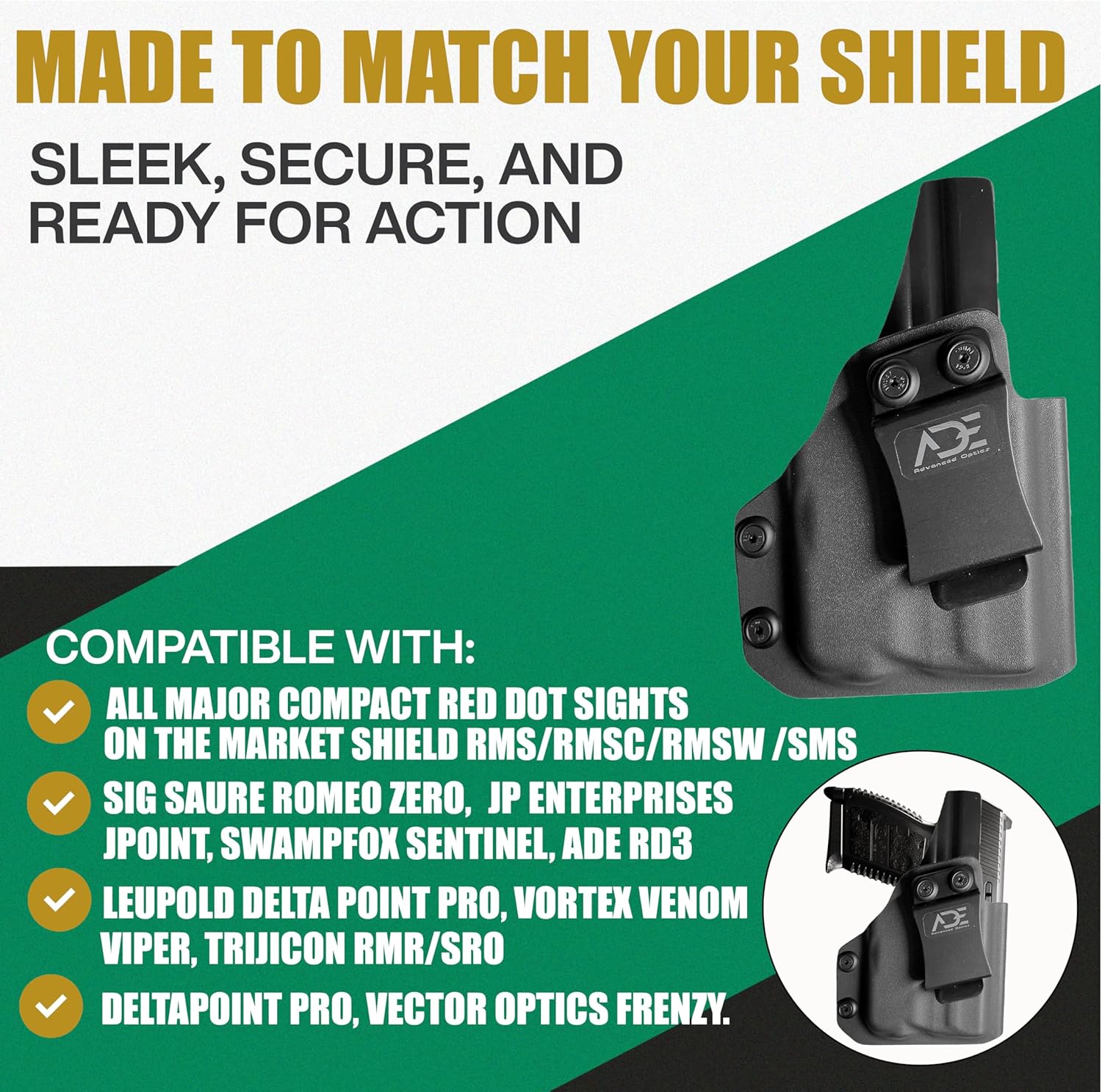 Ade Advanced Optics IWB Holster for S&W M&P Shield 9mm/.40 – Right Hand Concealed Carry – Optic Cut for Red Dot – Streamlight TLR6 Space – Fits Shield RMS, Romeo Zero, Vortex Venom/Viper