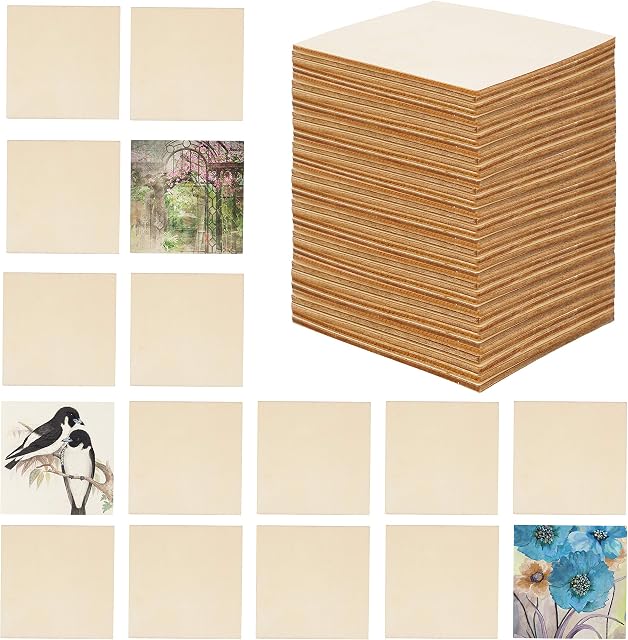 BELLE VOUS 50 Pack Unfinished Blank Wood Squares - 10 x 10cm / 3.93 x 3.93 inches - 2.5mm Thick Wooden Plain Square Pieces for DIY Coasters, Crafts, Painting and Pyrography Burning