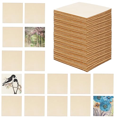 BELLE VOUS 50 Pack Unfinished Blank Wood Squares - 10 x 10cm / 3.93 x 3.93 inches - 2.5mm Thick Wooden Plain Square Pieces for DIY Coasters, Crafts, Painting and Pyrography Burning - 50