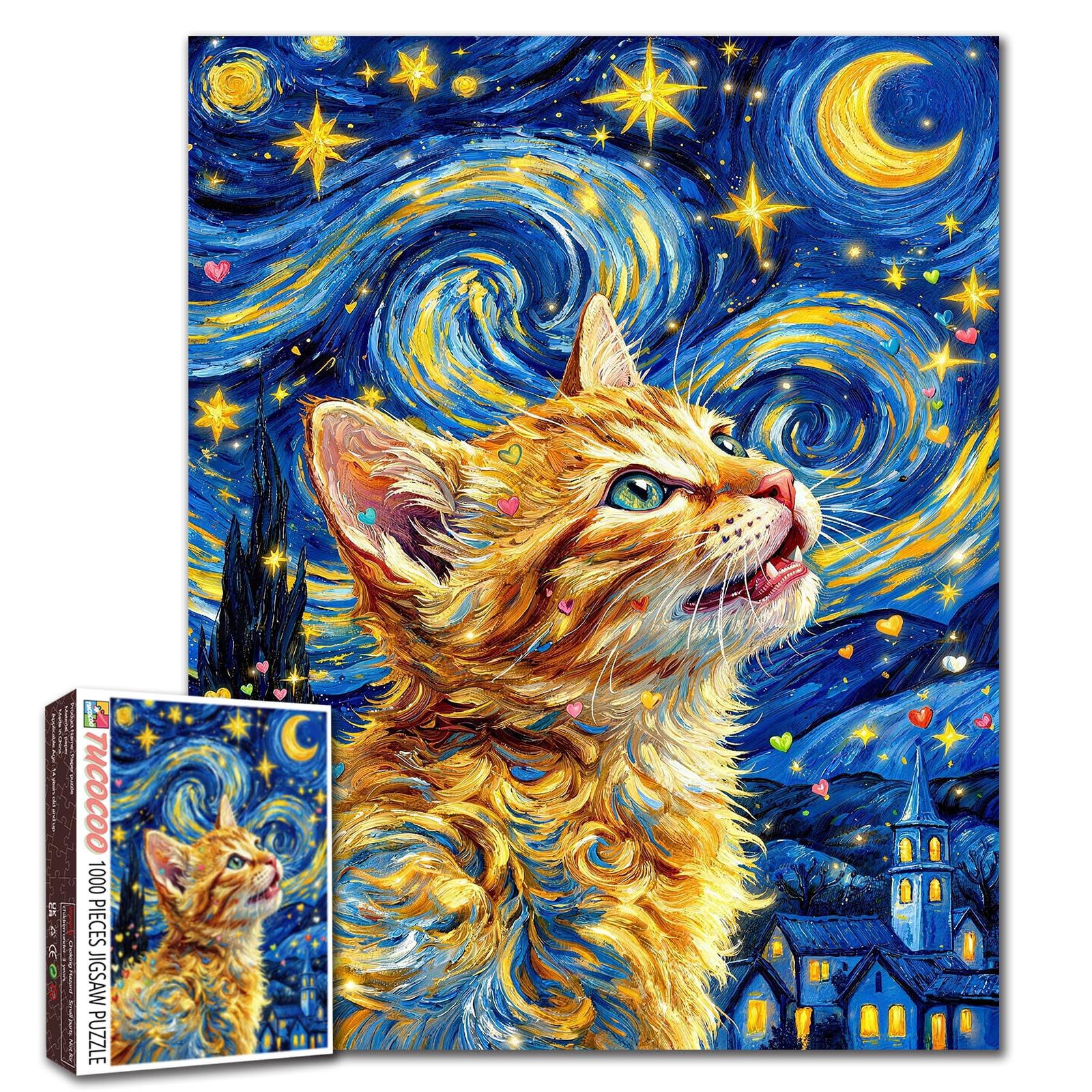 Cat Starry Night Jigsaw Puzzle 1000 Piece Puzzles for Adults and Beginner Animal Painting Artwork Puzzles Farmhouse Decor Challenging Family Activity Games Colorful DIY Craft Gifts 20ร27 Inches โ image 1