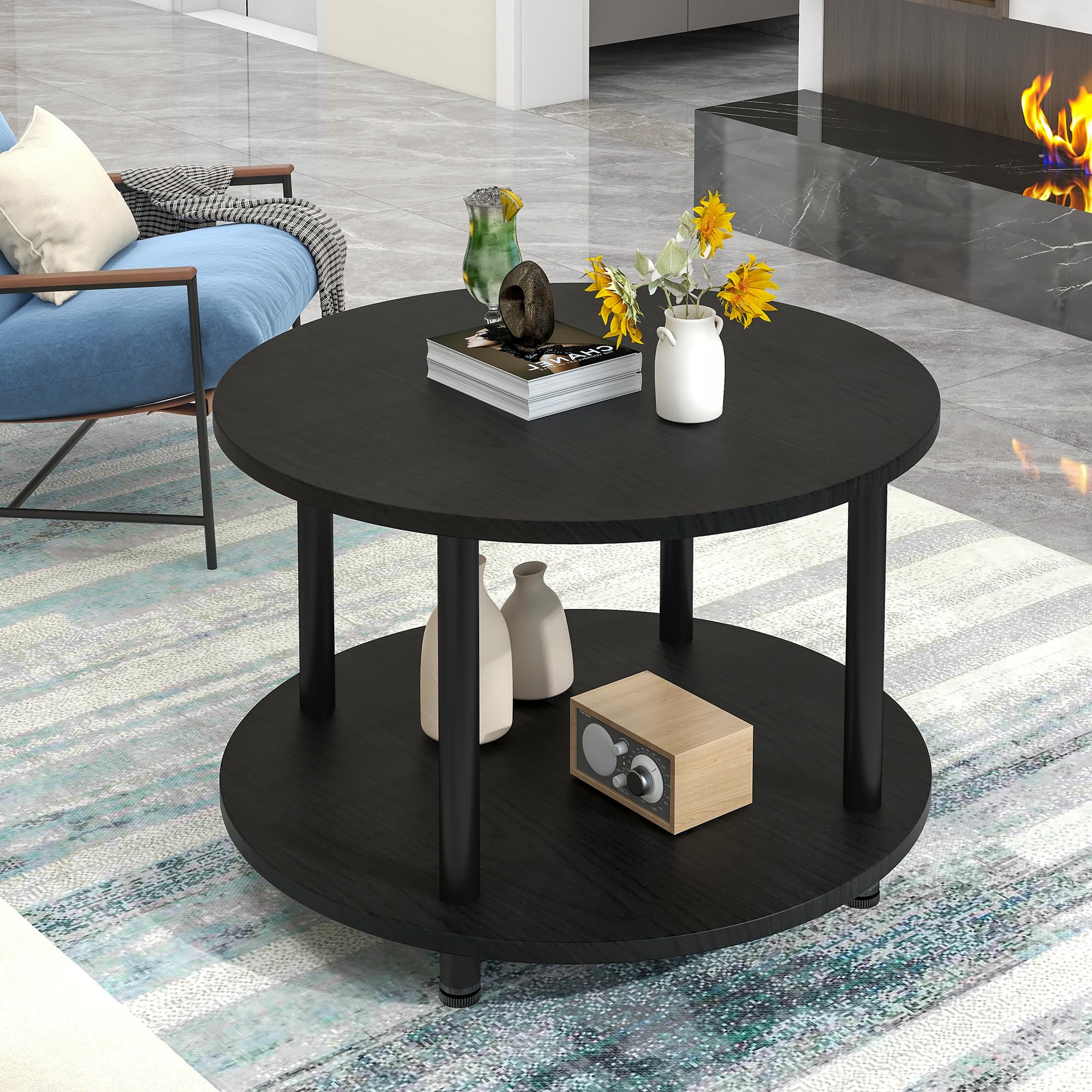 Couchtisch Rund, 2 Ablagen, Wohnzimmertisch, Beistelltisch, Kaffeetisch, Sofatisch, für Wohnzimmer, Schlafzimmer, stabiles Metallgestell/MDF Platte, 60 x 60 x 48.5 cm, schwarz-schwarz