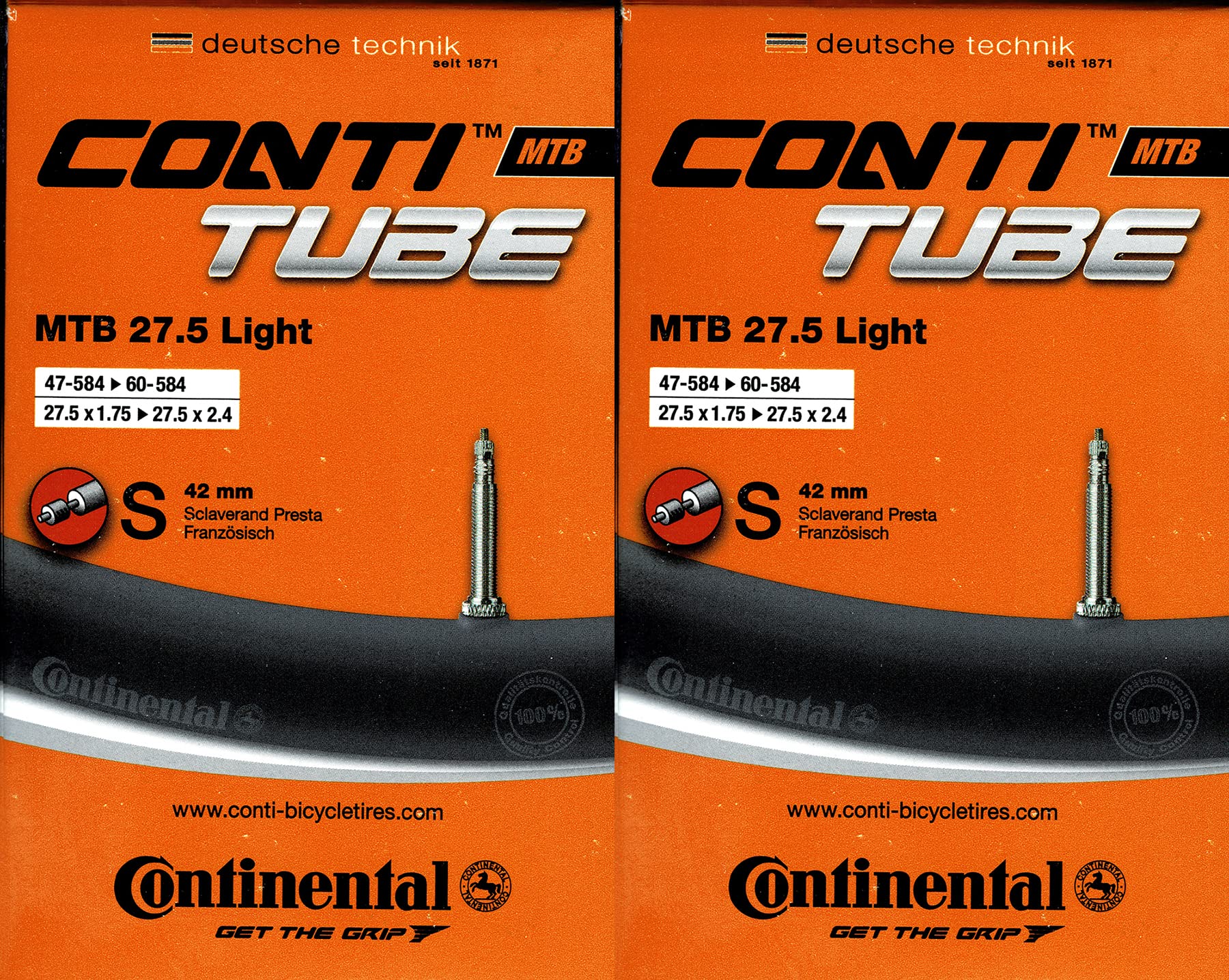 2 x Continental MTB 27.5 Light (650B) Inner Tube 27.5 Inch SV (47/62-584) SV 42 mm