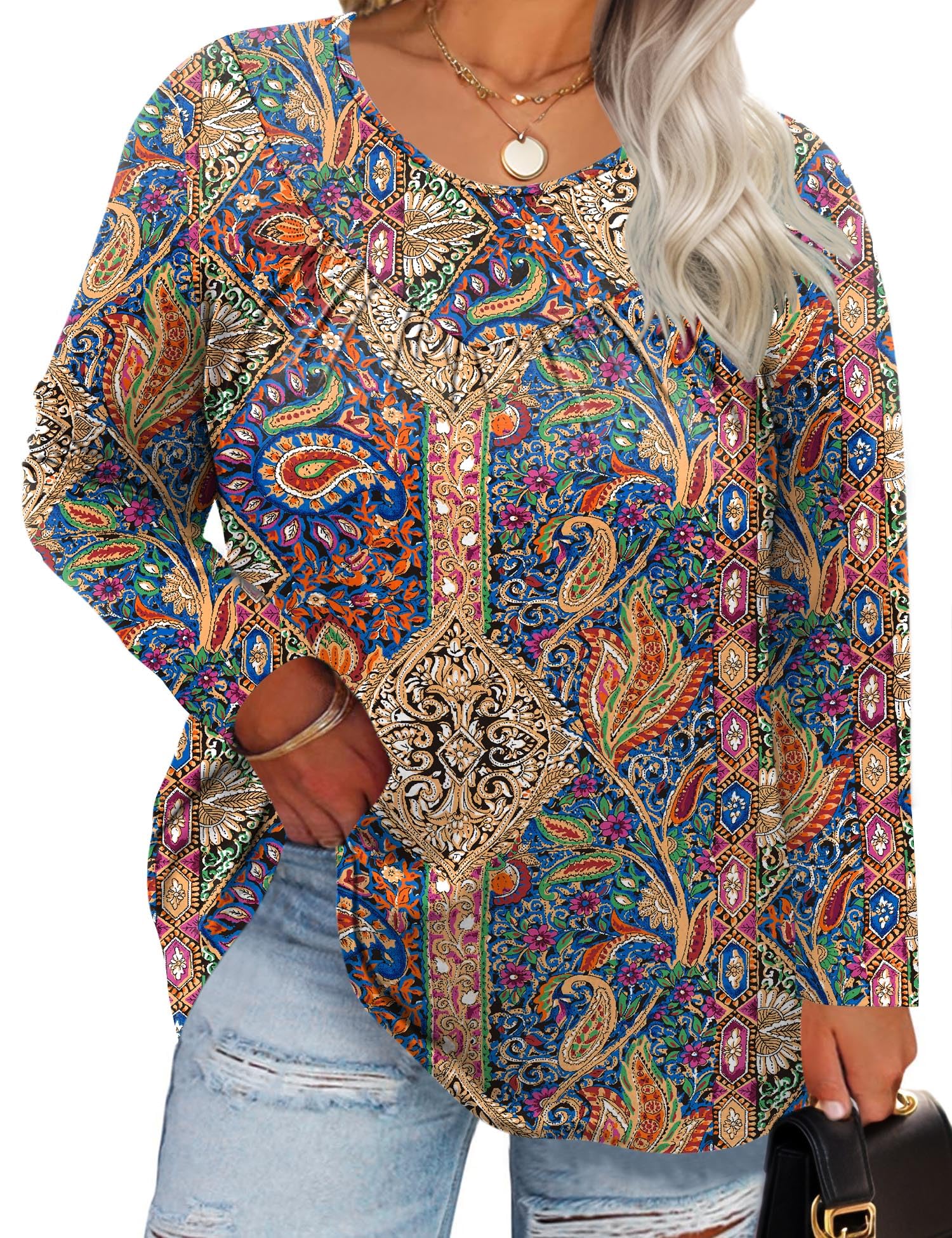 TFSDOD Womens Plus Size Tops Long Sleeve Blouses Crew Neck Shirts Casual Loose Tunic Tops 1X-5X