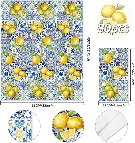 Miniatura 9 de JarThenaAMCS 80 servilletas de papel con azulejos y limones, servilletas desechables azules y amarillas, servilletas decorativas para cena,
