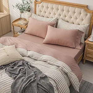 PURE ERA Jersey Knit 4pc Bed Sheet Set 100% T-Shirt Cotton Super Soft Comfy Breathable Fits Mattress Up to 20" Extra Deep Pocket (Solid Petal Pink, King)