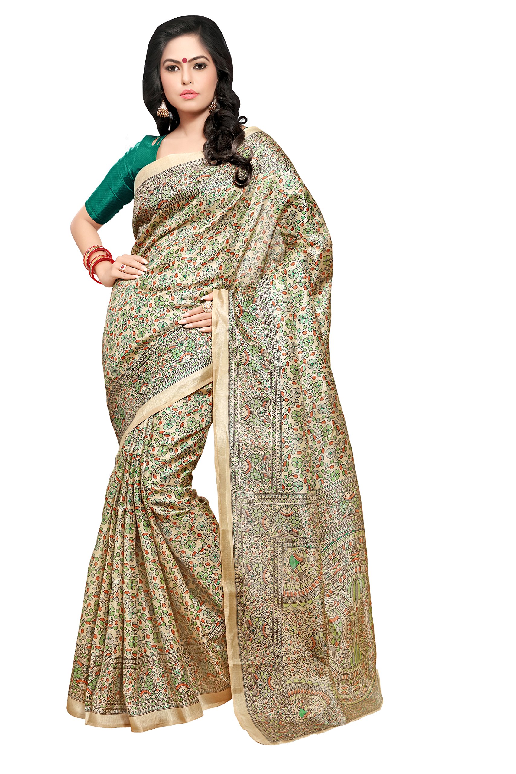 Applecreation Women's Madhubani Printed Khadi Silk Saree with Unstitched Blouse Piece (MDB8404-Parent)