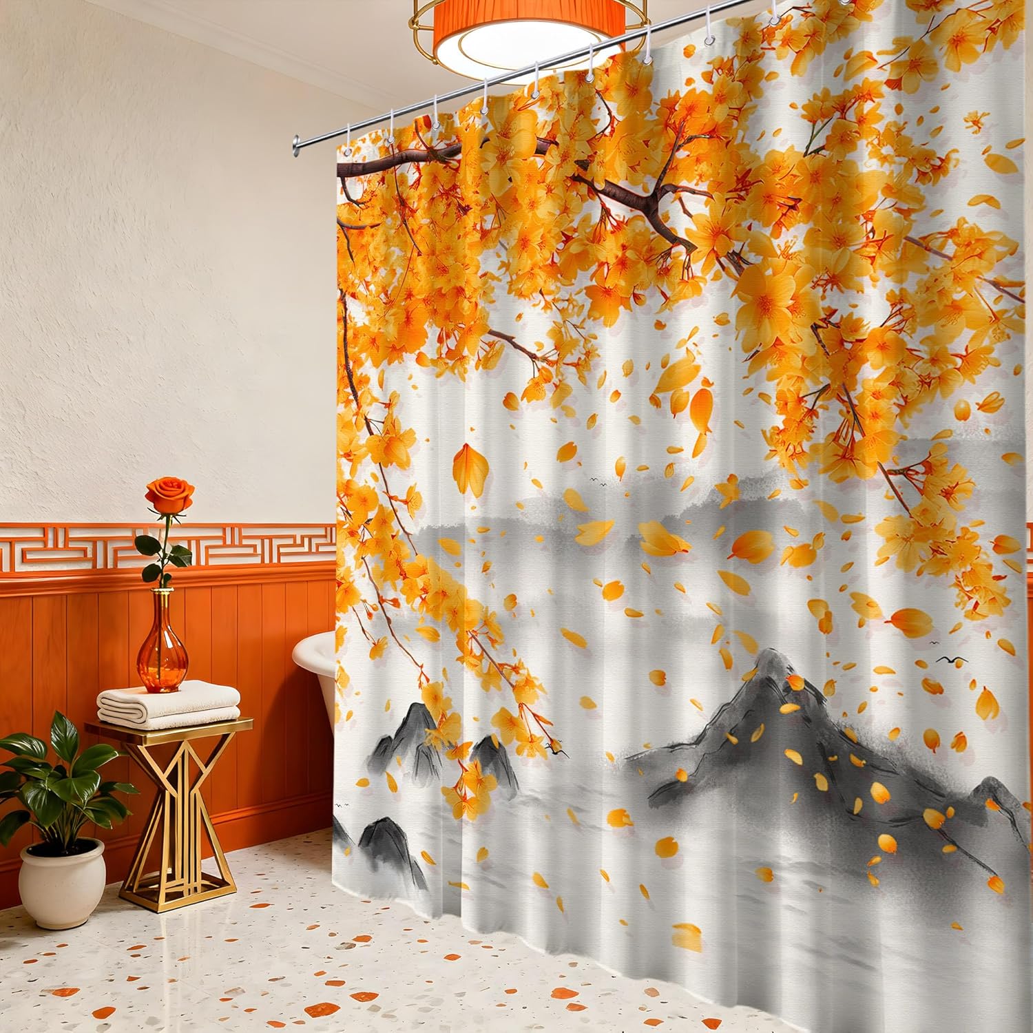 Orange Floral Shower Curtain Anime Terracotta Spring Burnt Orange Flower Shower Curtains for Japanese Bathroom Decor Sets, Waterproof Cloth Fabric with Hooks, 70x72 Inch