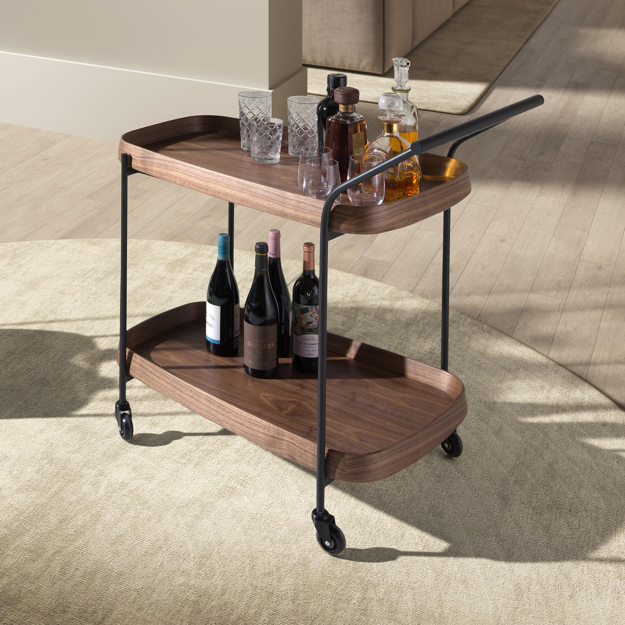 AC ANGEL CERDÁ Carrito Minibar Modelo 3290, Madera de Nogal y Acero Negro, 2 Bandejas, 89 x 56 x 89 cm