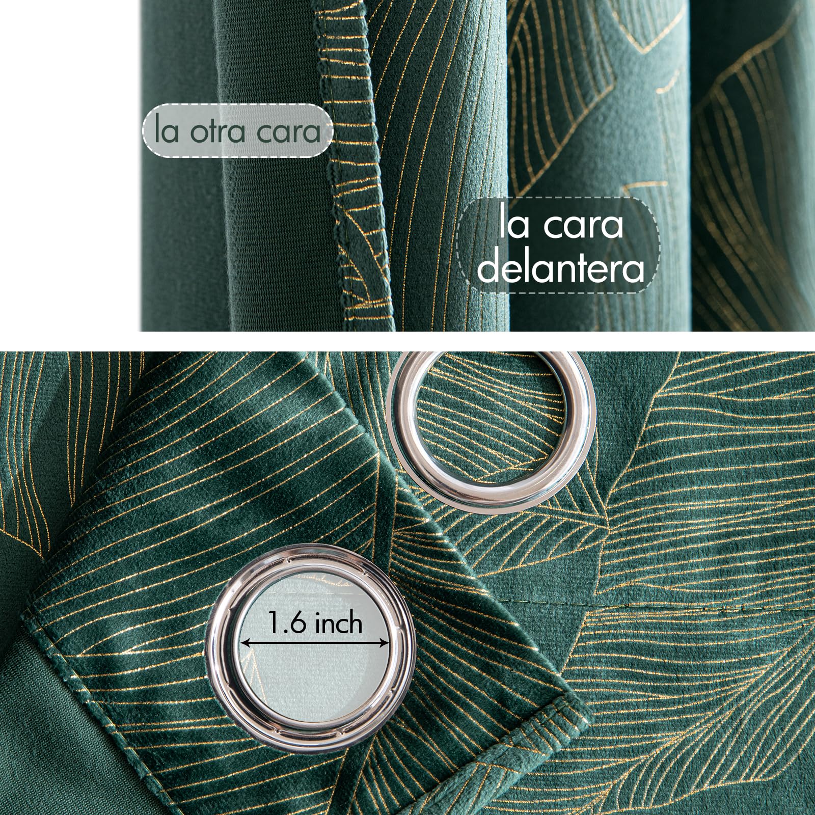 MIULEE Cortinas de Terciopelo con Estampado de Hojas de Oro, Verde, 2 Piezas, 140 x 245 cm (An x L), Elegante Decoración de Dormitorio, Suave