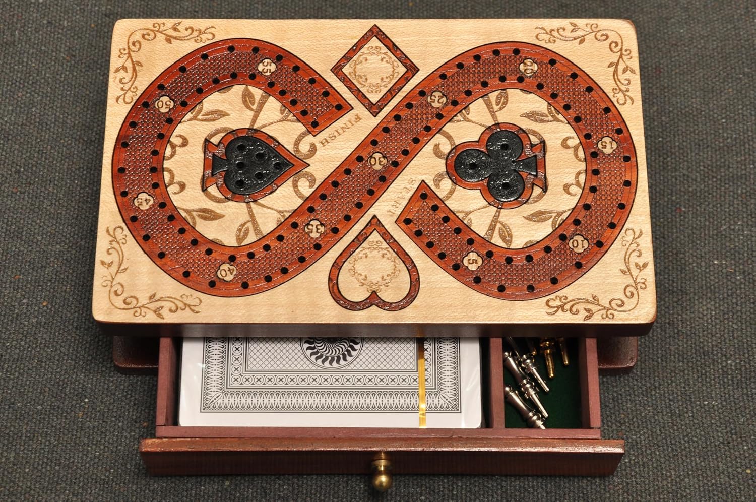 PALM ROYAL HANDICRAFTS 2 Track Cribbage Board Game Set with Magnetic Pull Drawer, Playing Cards - Storage Available - Metal Pegs, Travel Portable Cribbage Game Sets for Family. (Size - 6.5" x 4")