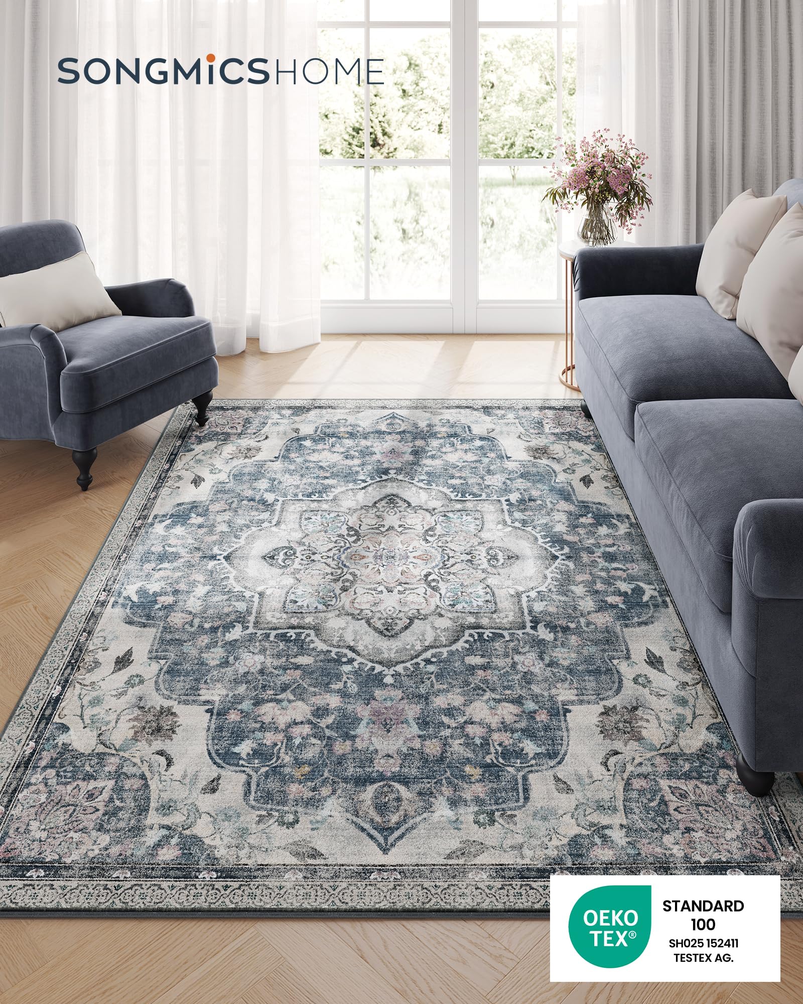 SONGMICS Vintage Teppich, 160 x 230 cm, Wohnzimmerteppich, Schlafzimmerteppich, Waschbarerteppich, Rutschfester Teppich, für Küche, Flur, Esszimmer, Taubengrau TAR033G01