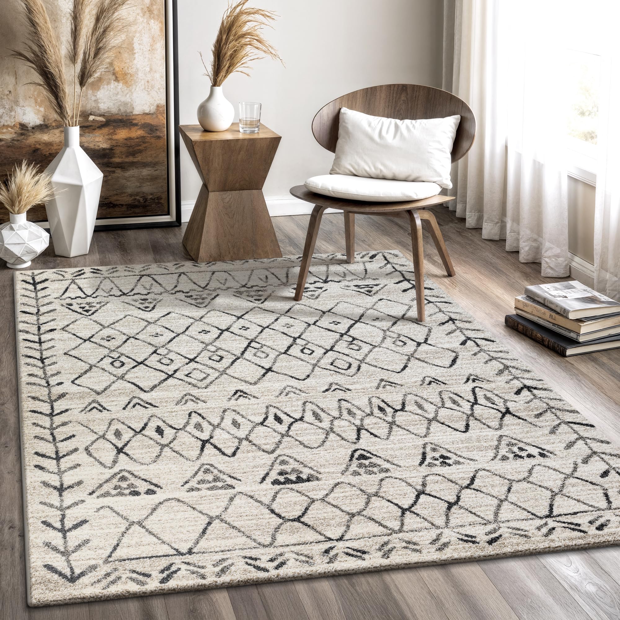 SANAT Boho Teppich – Moderner Teppich im Boho Stil, Geeignet für Wohnzimmer, Schlafzimmer, Flur, Esszimmer und Kinderzimmer – Boho Creme, Größe: 120 x 170 cm