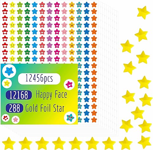 12456 calcomanías de estrella, más de 12100 caras felices y 288 calcomanías de estrella de lámina dorada en 14 colores y 14 diseños para tabla de