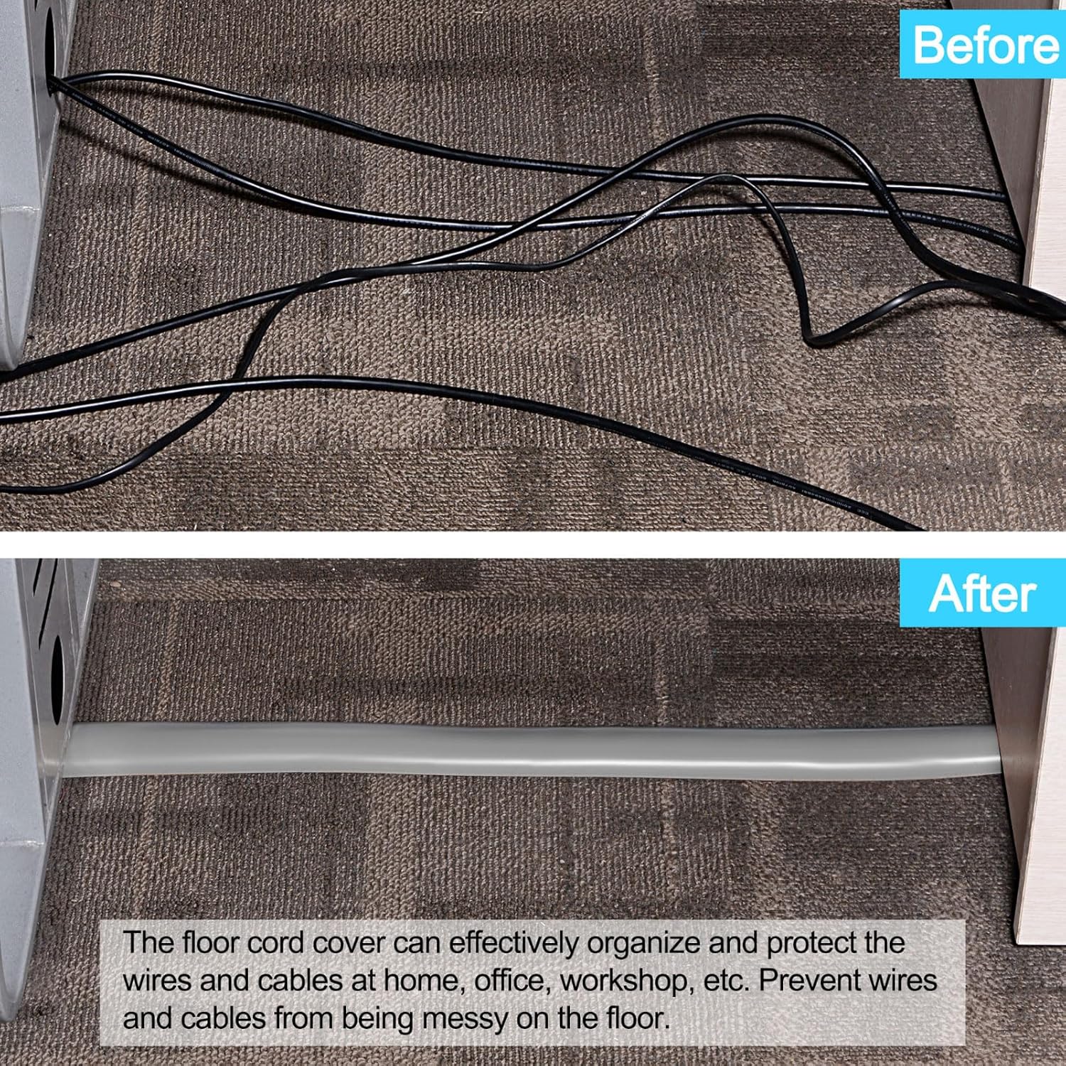 MECCANIXITY 20ft Floor Cord Cover, Self Adhesive Cord Hider 0.5" W x 0.3" H for Cable Management Cable Protector, Light Brown Wood