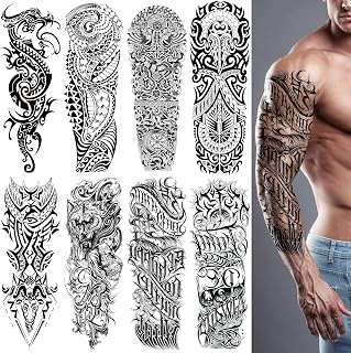 CUTELIILI Black Military Full Arm Temporary Tattoos Stickers Adult Men, Semi Permanent Scary Fake Tattoos Stickers, Totem Dragon Wolf Realistic Temporary Tattoos 8 Sheets for BBQ Pool Beach Party