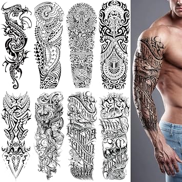 Black Military Full Arm Temporary Tattoos Stickers Adult Men, Semi Permanent Scary Fake Tattoos Stickers, Totem Dragon Wolf Realistic Temporary Tattoos 8 Sheets for BBQ Pool Beach Party