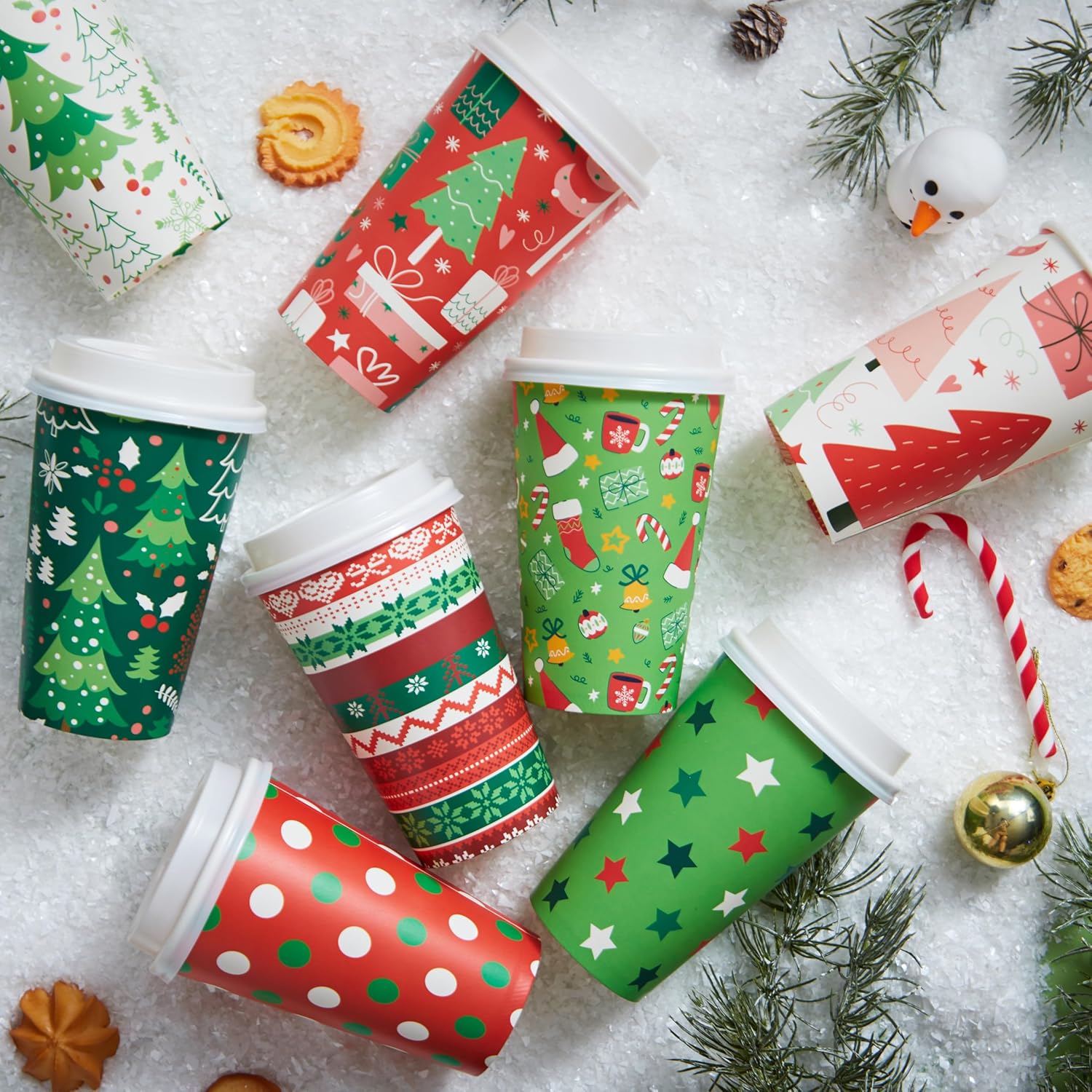 JOYIN 48 Pcs Merry Christmas Disposable Cups with Sleeves and Lids, 8 Designs Xmas Drinkware 16 oz Paper Cup For Hot Chocolate Coffee Cold Beverage Holiday Tableware Winter Party Supplies Favors