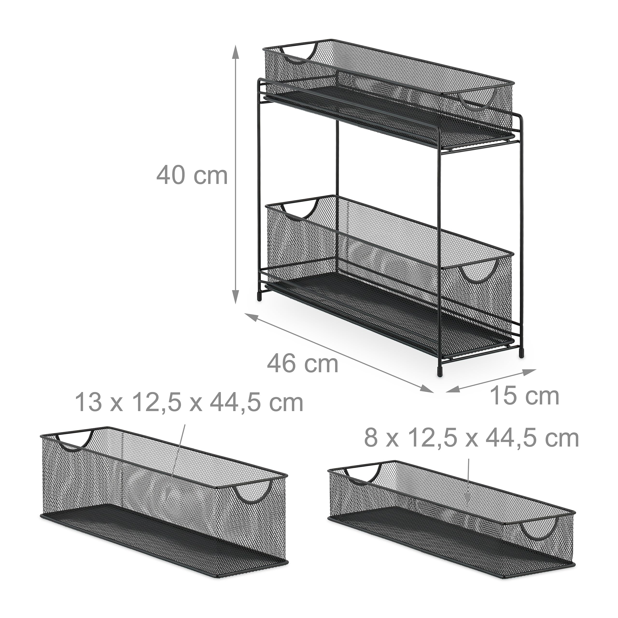 Relaxdays Küchenschrank Organizer, ausziehbares Unterschrank Regal, 2 Schubladen, Metall, HBT: 40 x 15 x 46 cm, schwarz