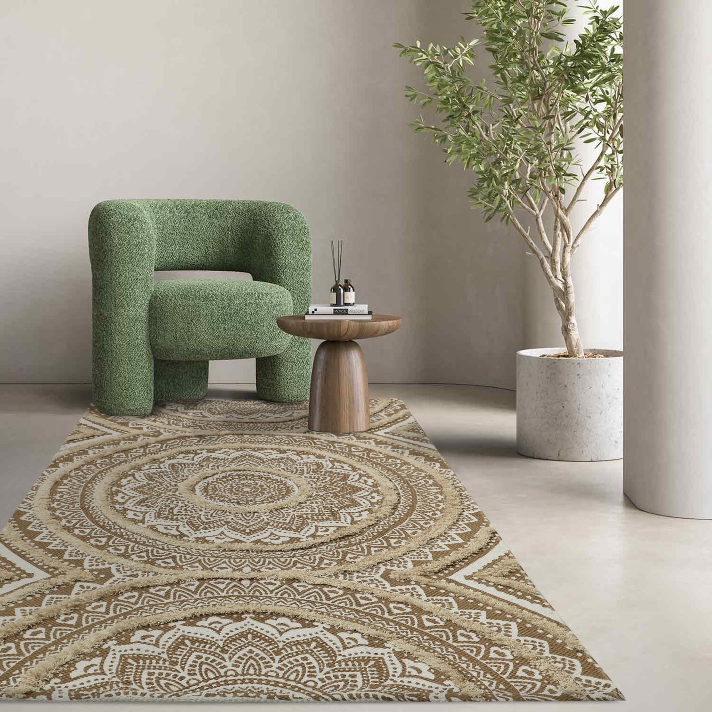 THE HOME TALK Printed Handmade Cotton Rectangular Carpets | Rugs for Bedroom, Center Table, Living Room, Drawing Room, Hall | Machine Washable | 3' X 5' | Beige & Natural-image-8