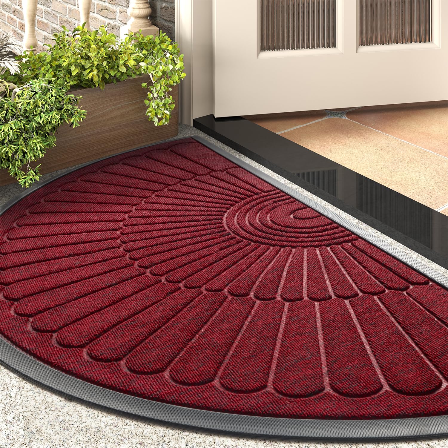 Door Mat Outdoor Indoor Entrance Doormat-Semicircular Durable Rubber Non Slip Front Door Mats for Outside Inside Entry Entryway Dirt Trapper Welcome Mat for Muddy Paws and Shoes-Red 24”x47”
