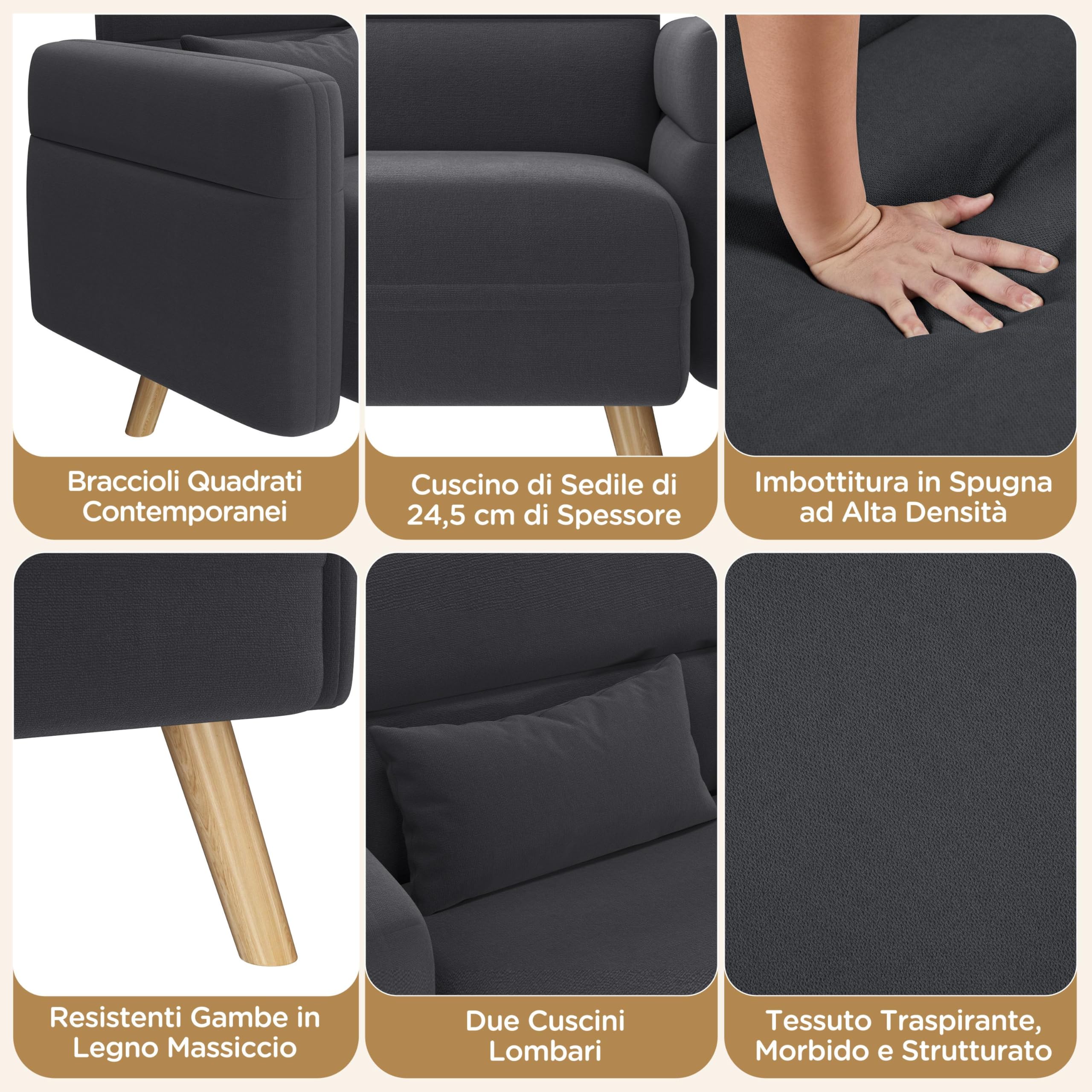 Yaheetech Divano Imbottito a 2 Posti Divanetto in Tessuto con Cuscini Lombari Gambe in Legno Massiccio Divano per Piccoli Spazi Dormitorio Ufficio Camera da Letto Grigio Scuro