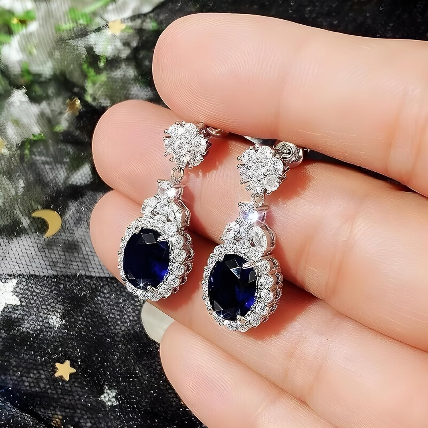 "Art Deco Vintage Lab Created Diamond & Sapphire Drop Earrings in 925 Silver Elegant Wedding Jewelry with D Color VVS1 Clarity Lab Created Diamonds and Deep Blue Sapphires"