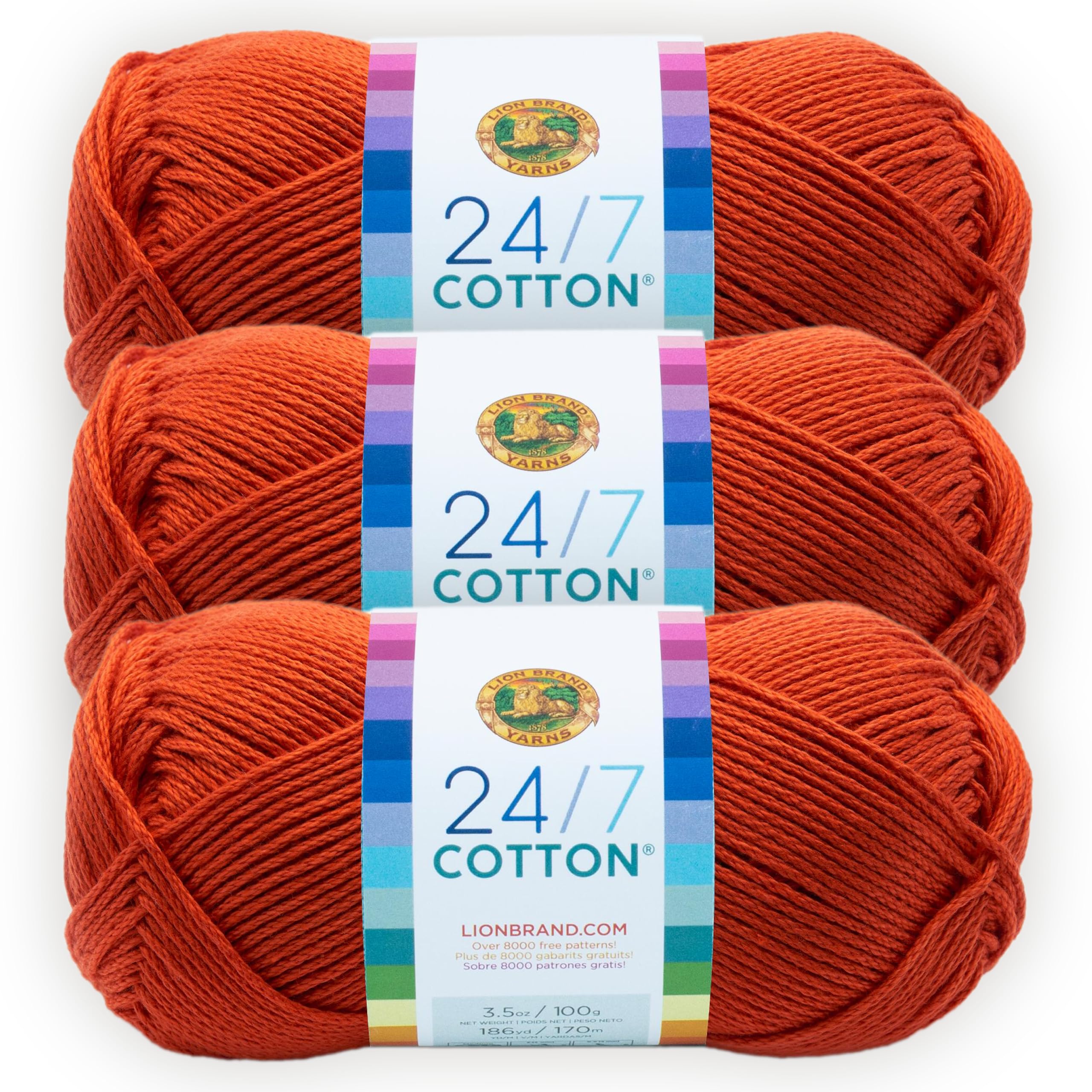 Lion Brand przędza bawełniana 24/7, lekka przędza do robienia na drutach, szydełkowania i rękodzieła, Tangerine, 3 szt.