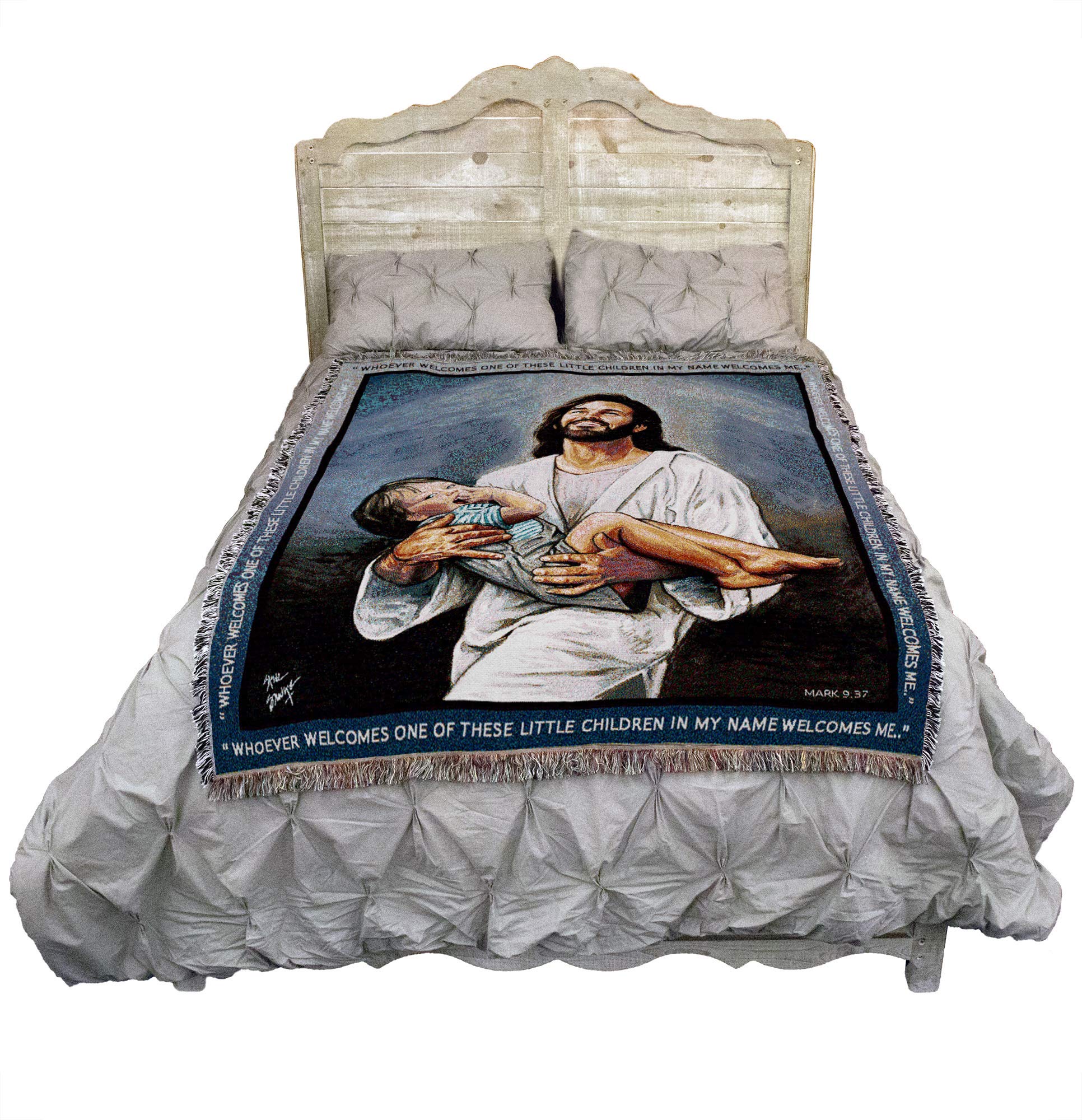 Ian Blanket by Stephen Sawyer - Whoever Welcomes One Of These Children In My Name Welcomes Me - Scriptures - Mark 9:37 - Religious Gift Tapestry Throw Woven from Cotton - Made in the USA (72x54)