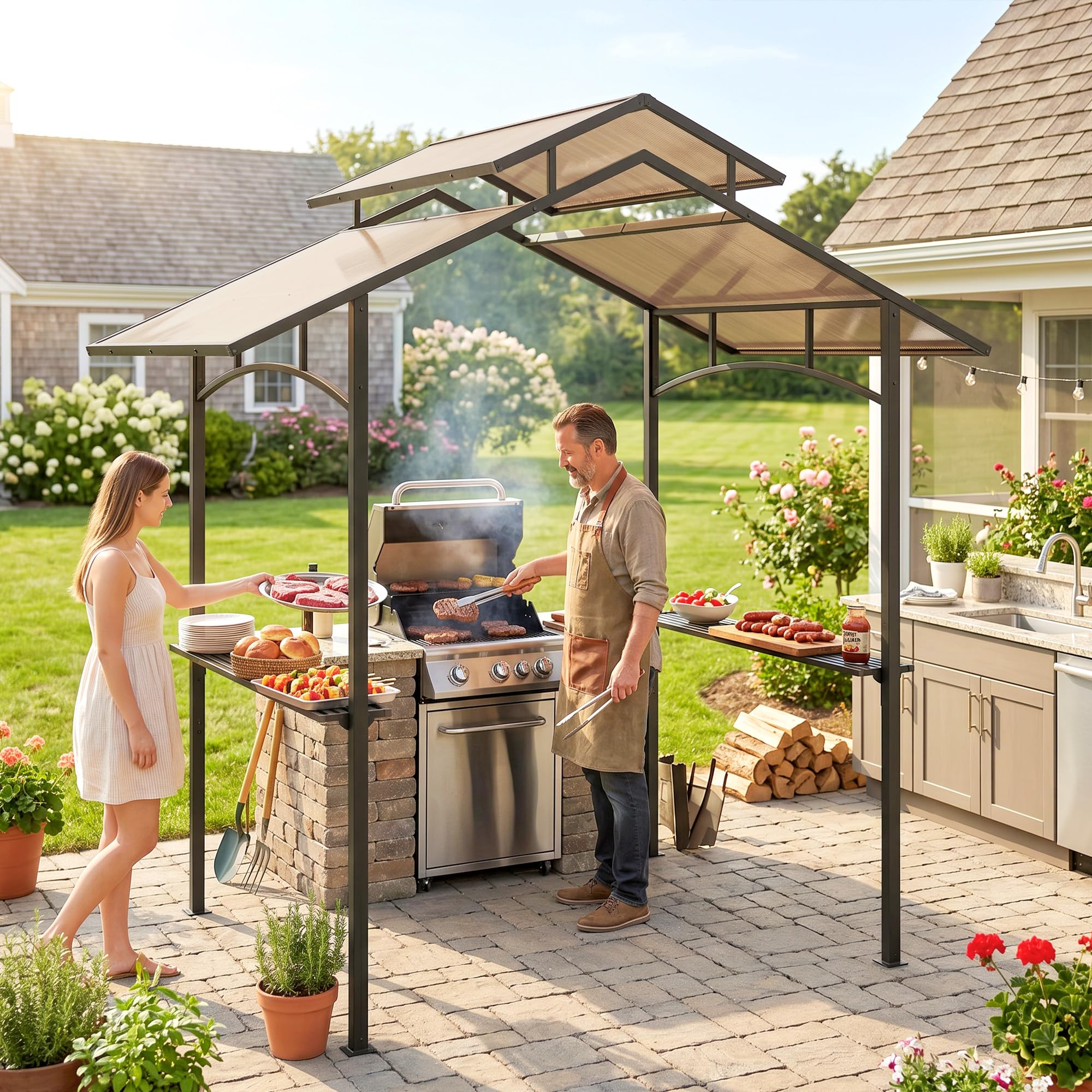 Outsunny Pawilon grill z dachem ognioodpornym 2,5x1,5m Stal Czarny+Brąz