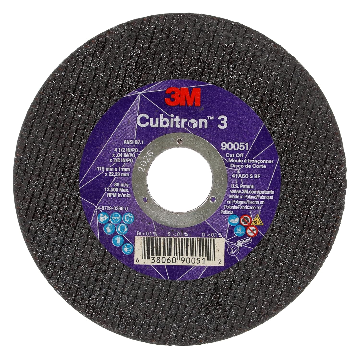 3M Cubitron 3 Cut-Off Wheel, 90046, 36+, T27, 5 in x 0.09 in x 7/8 in (125 x 2 x 22.23 mm), ANSI, Precision Shaped Grain, Autobody and Marine Sheet Metal, Stainless Steel Tubing, 25/Pack T27, 36+ 5 in x 0.09 in x 7/8 in