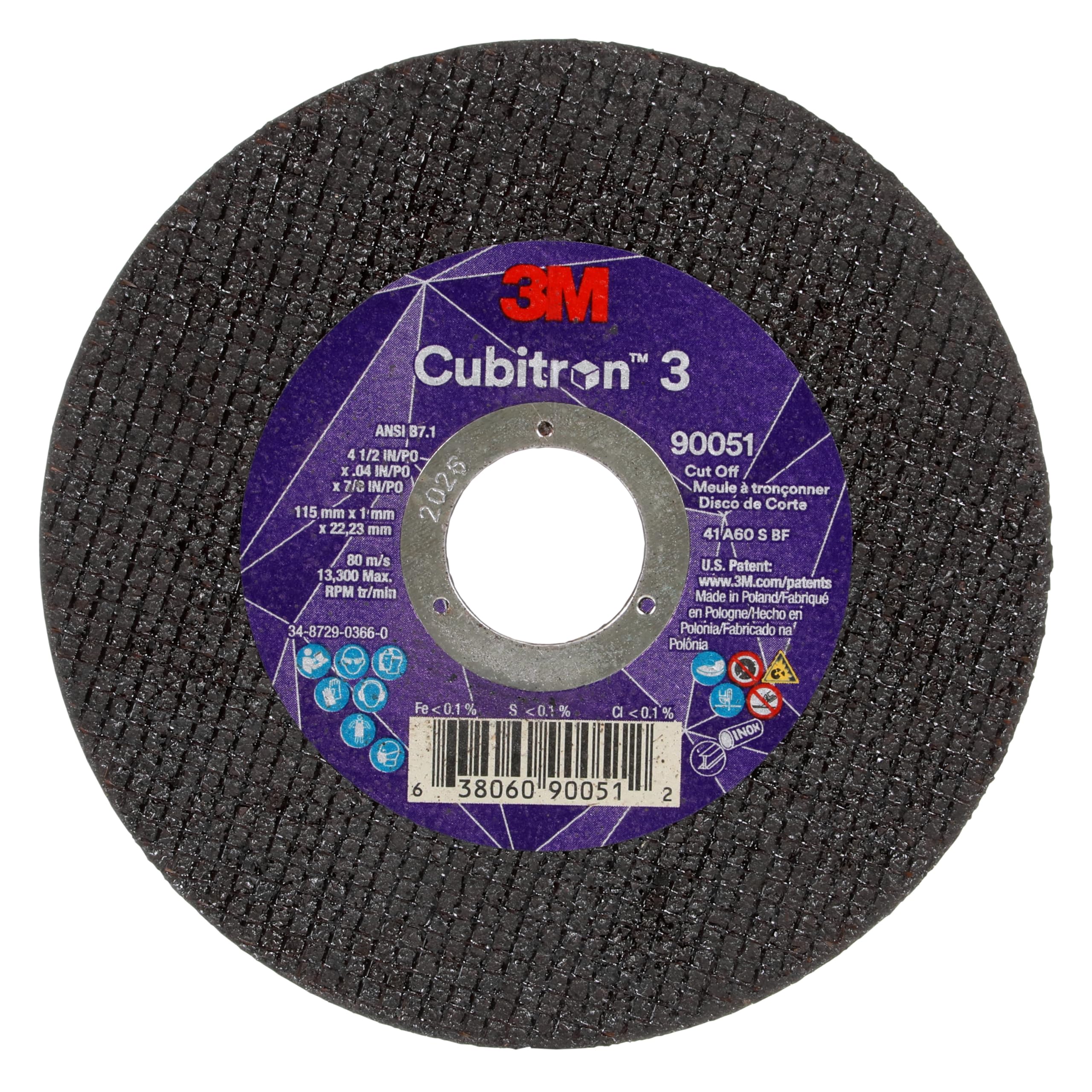 3M Cubitron 3 Trennscheibe, 90053, 60+ Keramik, 115 x 1 x 22,23 mm, ANSI, für Winkelschleifmaschine, Tischschleifmaschine, Blau