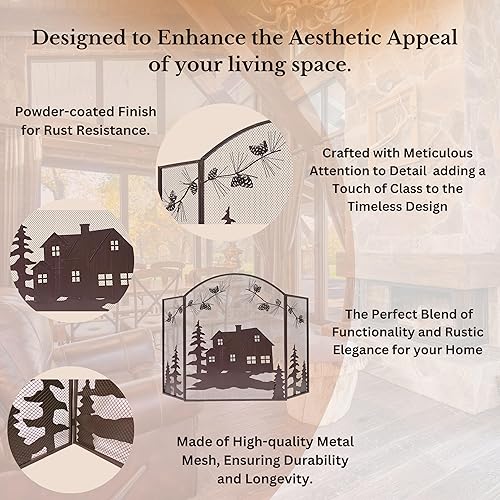 Miniatura 2 de BestGiftEver Pantalla decorativa para chimenea de 3 paneles con diseño de cono de pino de cabaña de casa, cubierta de chimenea, pantalla de malla de