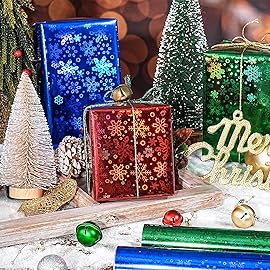 LeZakaa Snowflake Holographic Wrapping Paper - Mini Roll - Red/Blue/Green Rainbow Colors for Christmas, Birthday, Holiday, Baby Shower Packing - 17 x 120 inches - 3 Rolls (42.5 sq.ft.ttl.)