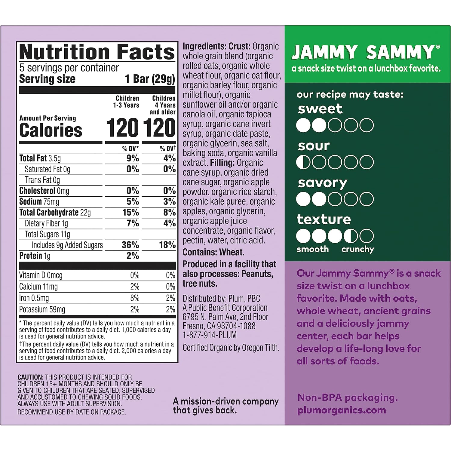 Plum Organics Jammy Sammy Snack Bars - Apple, Kale, and Oatmeal - 1.02 oz Bars (Pack of 30) - Organic Toddler Food Snack Bars