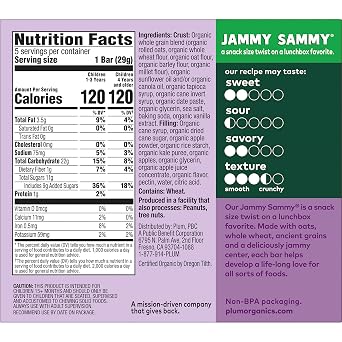 Plum Organics Jammy Sammy Snack Bars - Apple, Kale, and Oatmeal - 1.02 oz Bars (Pack of 30) - Organic Toddler Food Snack Bars