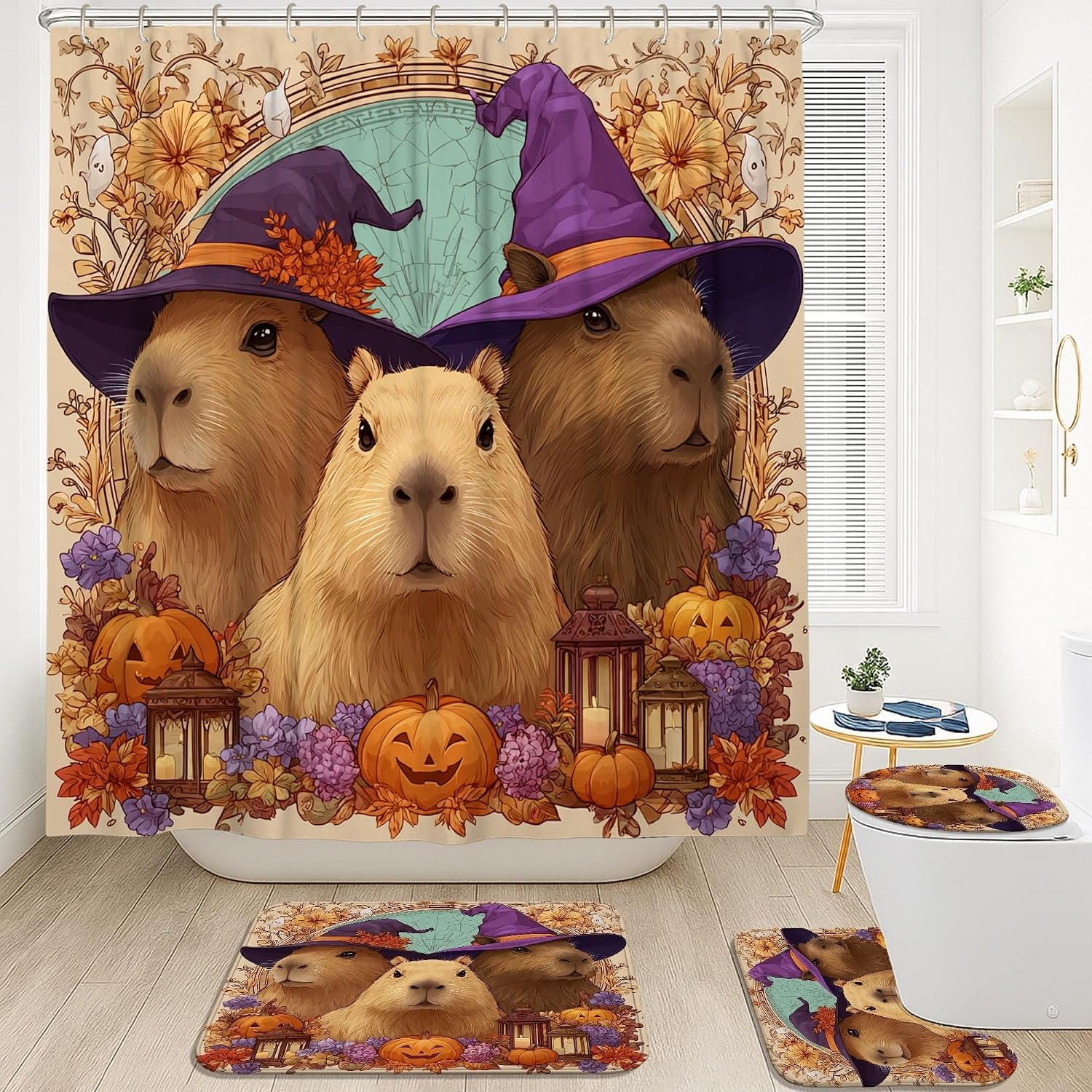 4Pcs Halloween Capybara Shower Curtain Set, Violet Orange Pumpkin Bath Mat Rugs for Bathroom Decor, Autumn Waterproof Fabric Shower Curtain with Hooks 72x72 Inch