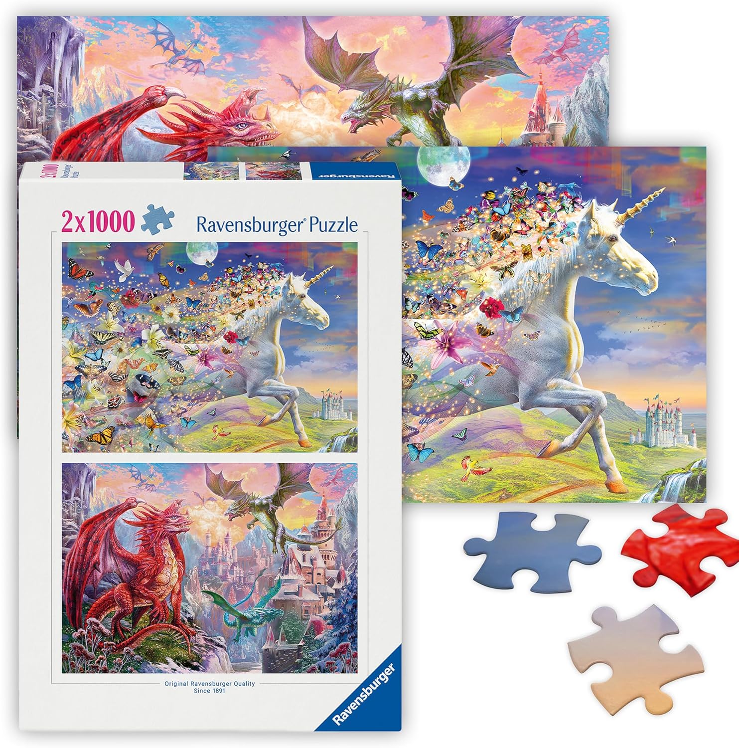 Ravensburger - Unicorns & Dragons - 2 x 1000 Piece Jigsaw Puzzle - #1 Graceful Unicorn in Flight - #2 Vivid Colors of Mystical Dragons - Ideal Gift - Frameable Art - Puzzles for Adults