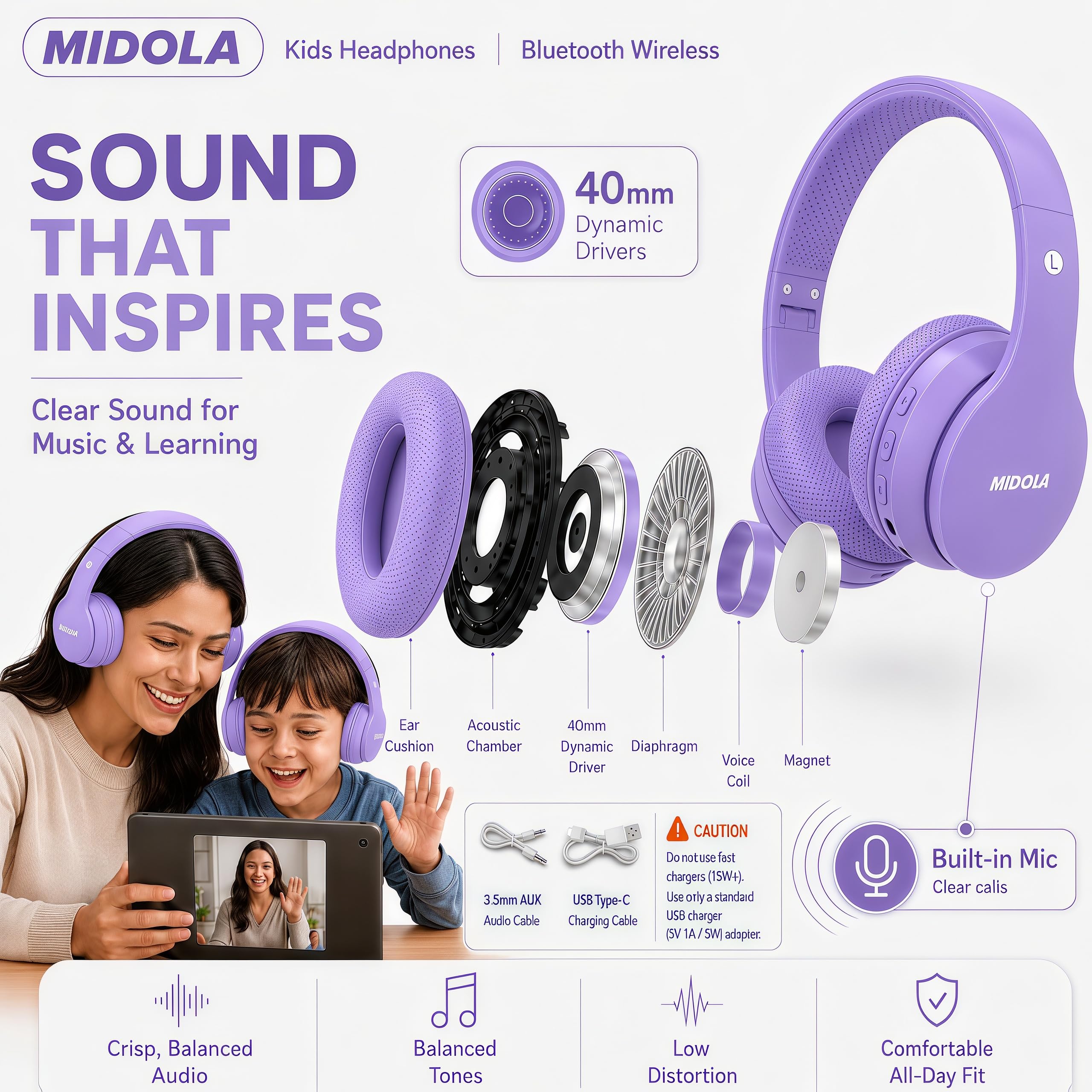 MIDOLA Auriculares inalámbricos Bluetooth para niños, límite de Volumen, 85 dB, 110 dB, Plegables, protección contra el Ruido, AUX de 3,5 mm, micrófono para niños, niñas, Viajes, Escuela, teléfono